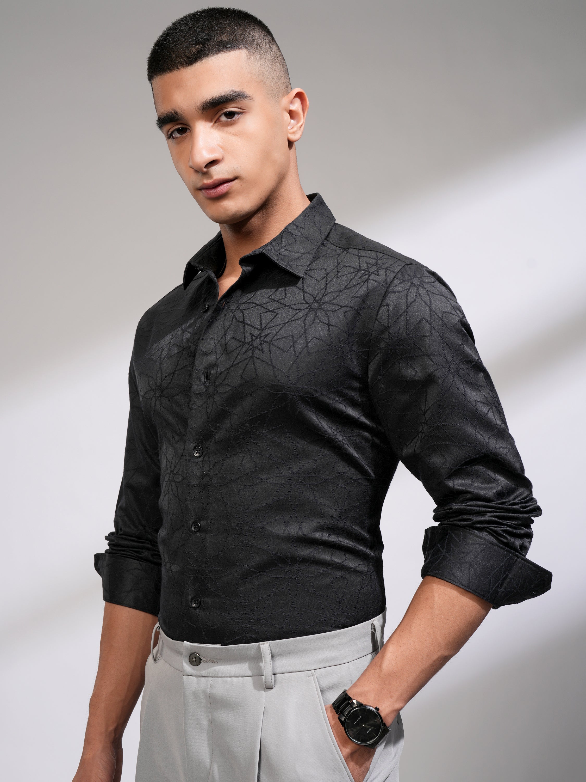 Highlander Men Black Embroidered Slim Fit Casual Shirt - Black - Image 4