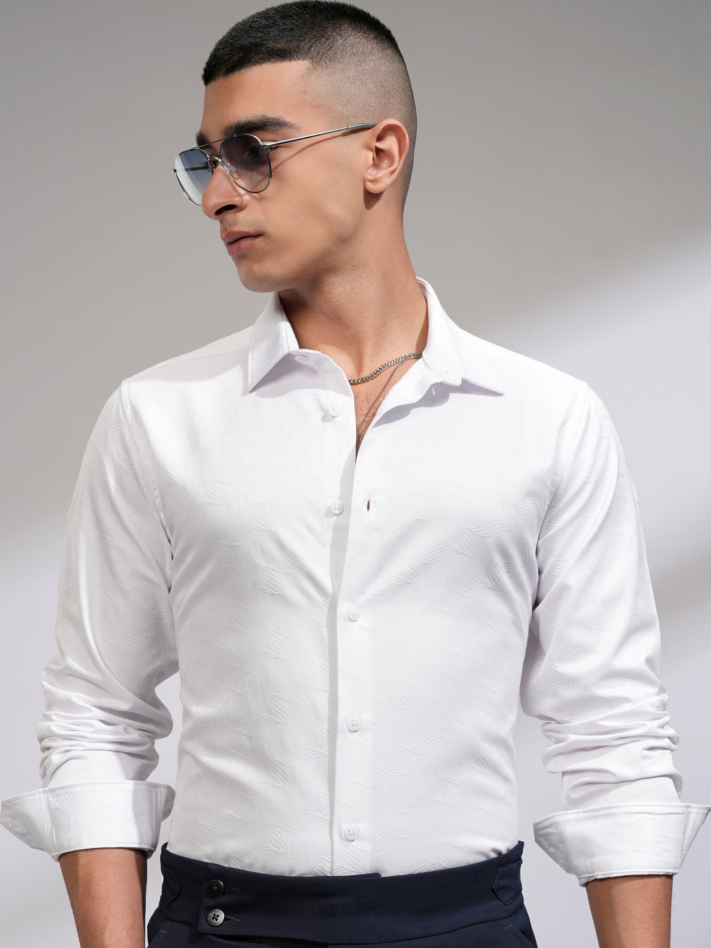 Highlander Men White Self Design Slim Fit Casual Shirt - White - Image 1