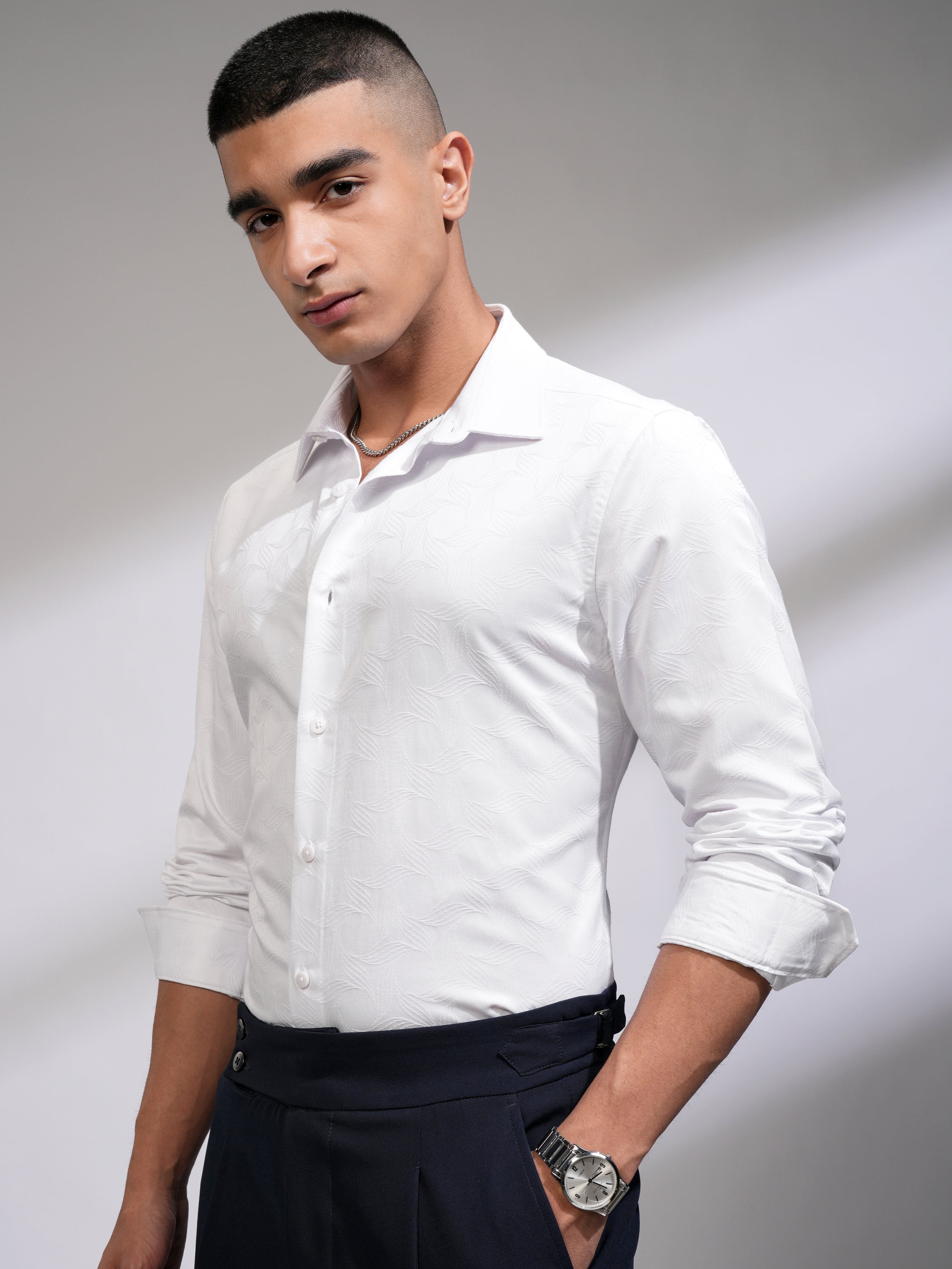 Highlander Men White Self Design Slim Fit Casual Shirt - White - Image 4