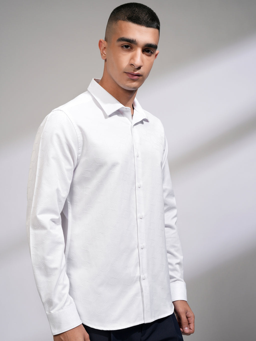 Highlander Men White Self Design Slim Fit Casual Shirt - White - Image 6