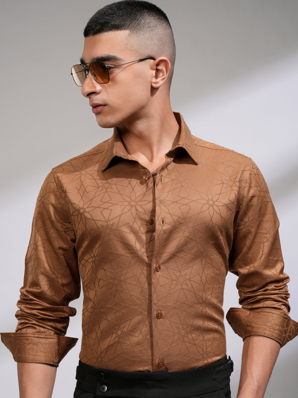 Highlander Men Rust Self Design Slim Fit Casual Shirt - Rust - Image 1