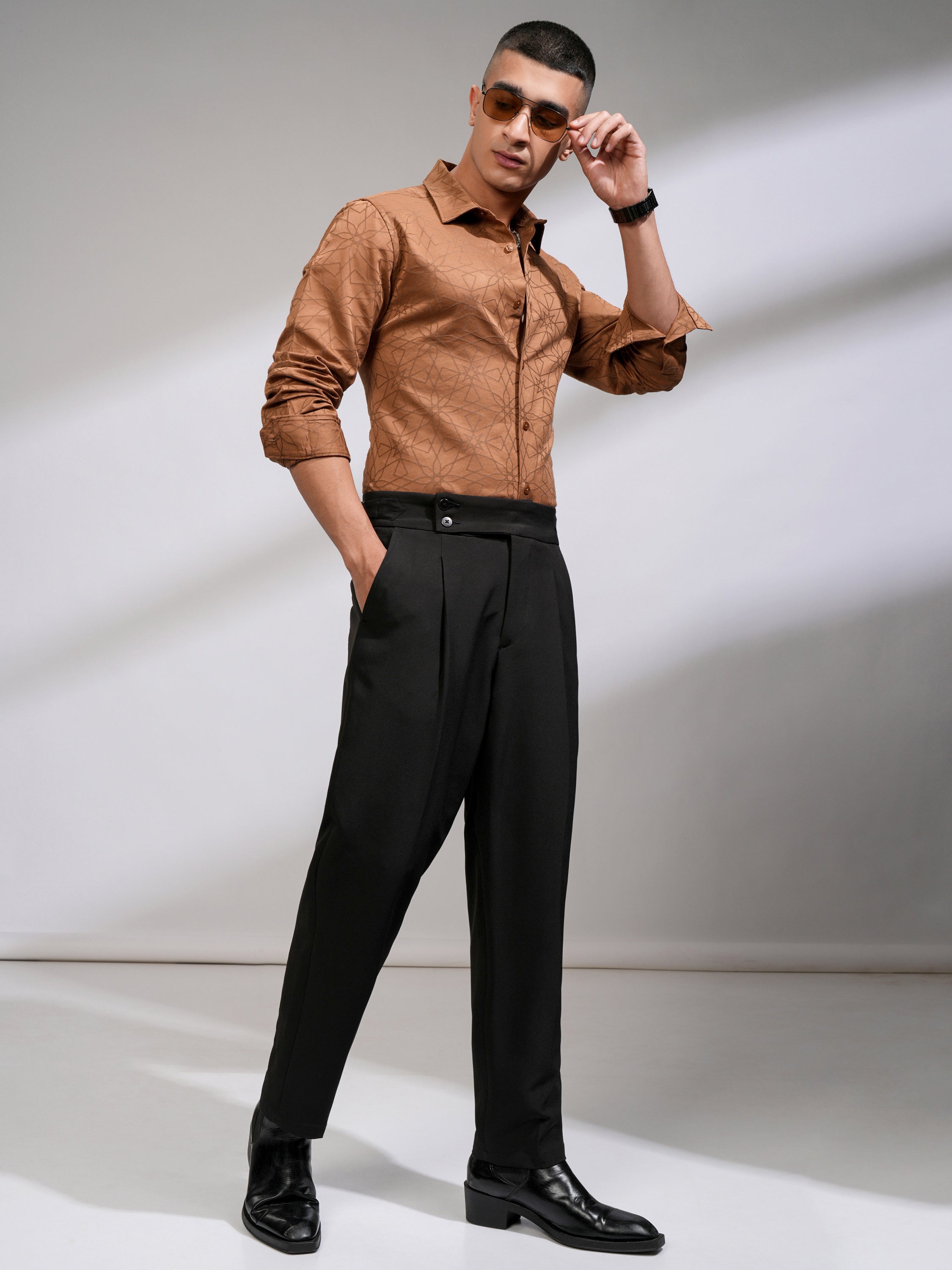 Highlander Men Rust Self Design Slim Fit Casual Shirt - Rust - Image 2