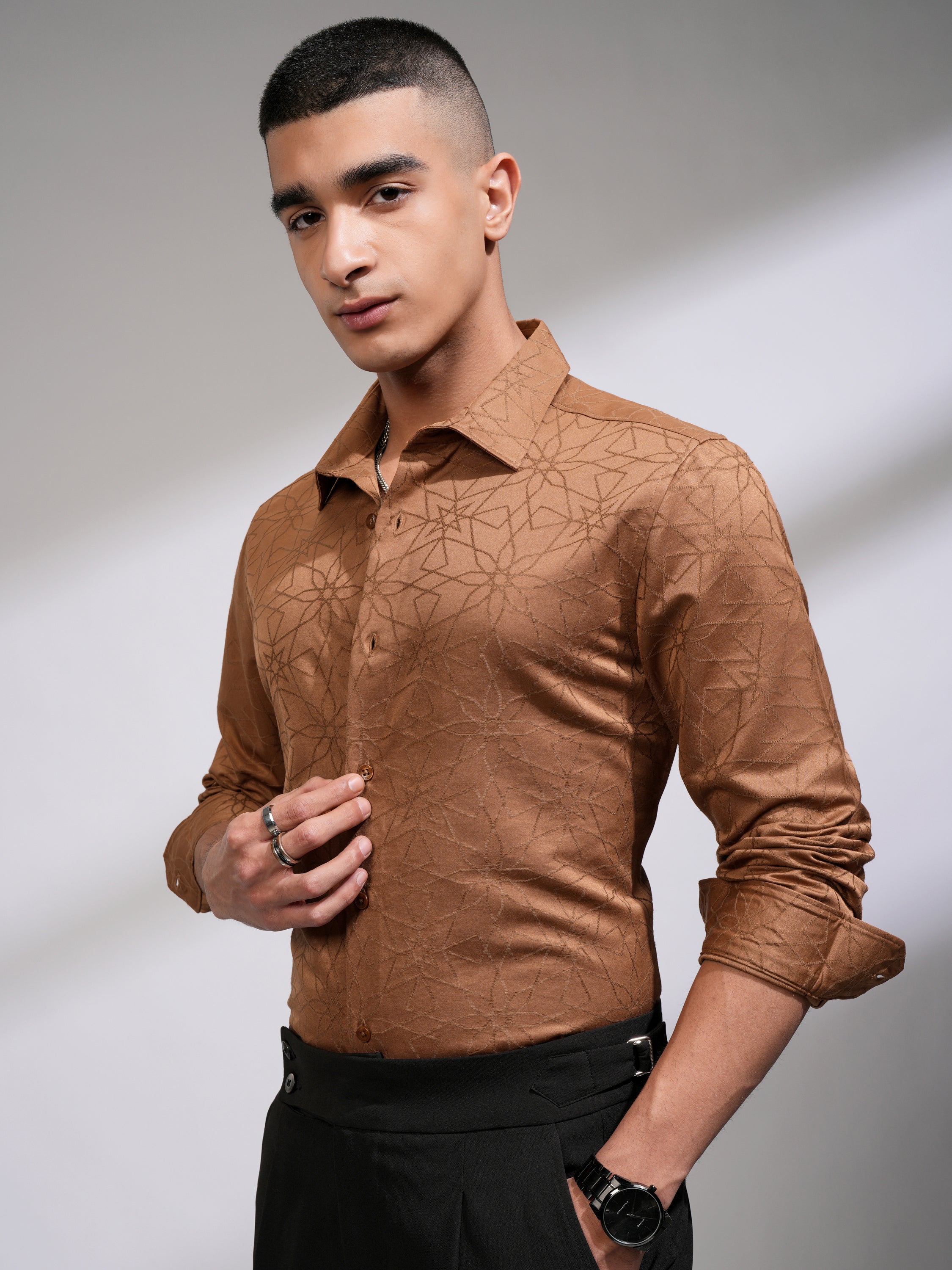 Highlander Men Rust Self Design Slim Fit Casual Shirt - Rust - Image 4