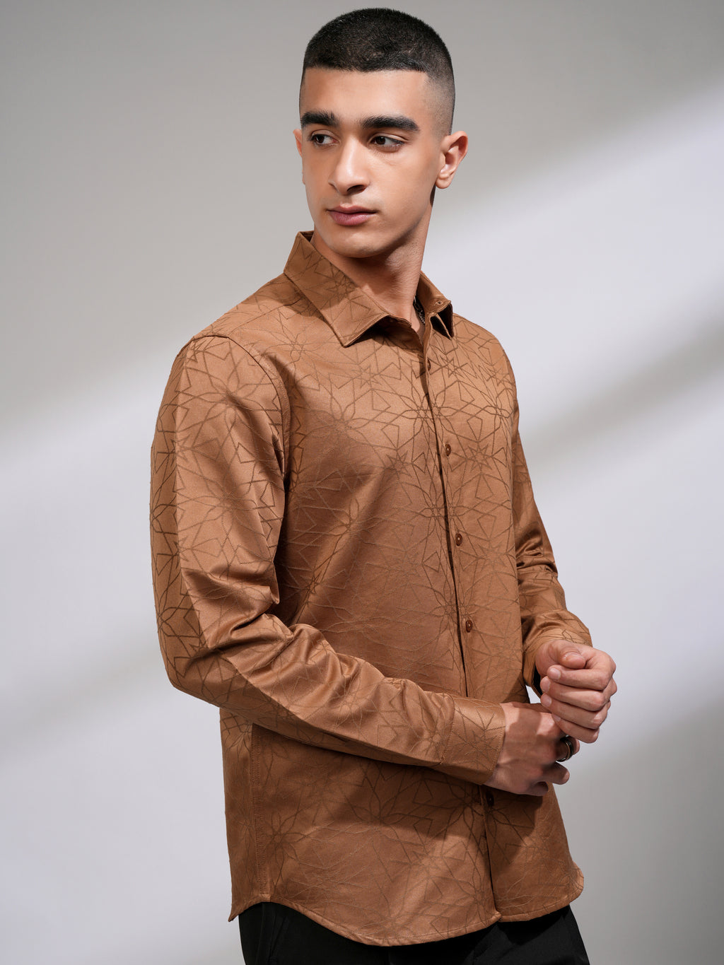 Highlander Men Rust Self Design Slim Fit Casual Shirt - Rust - Image 6