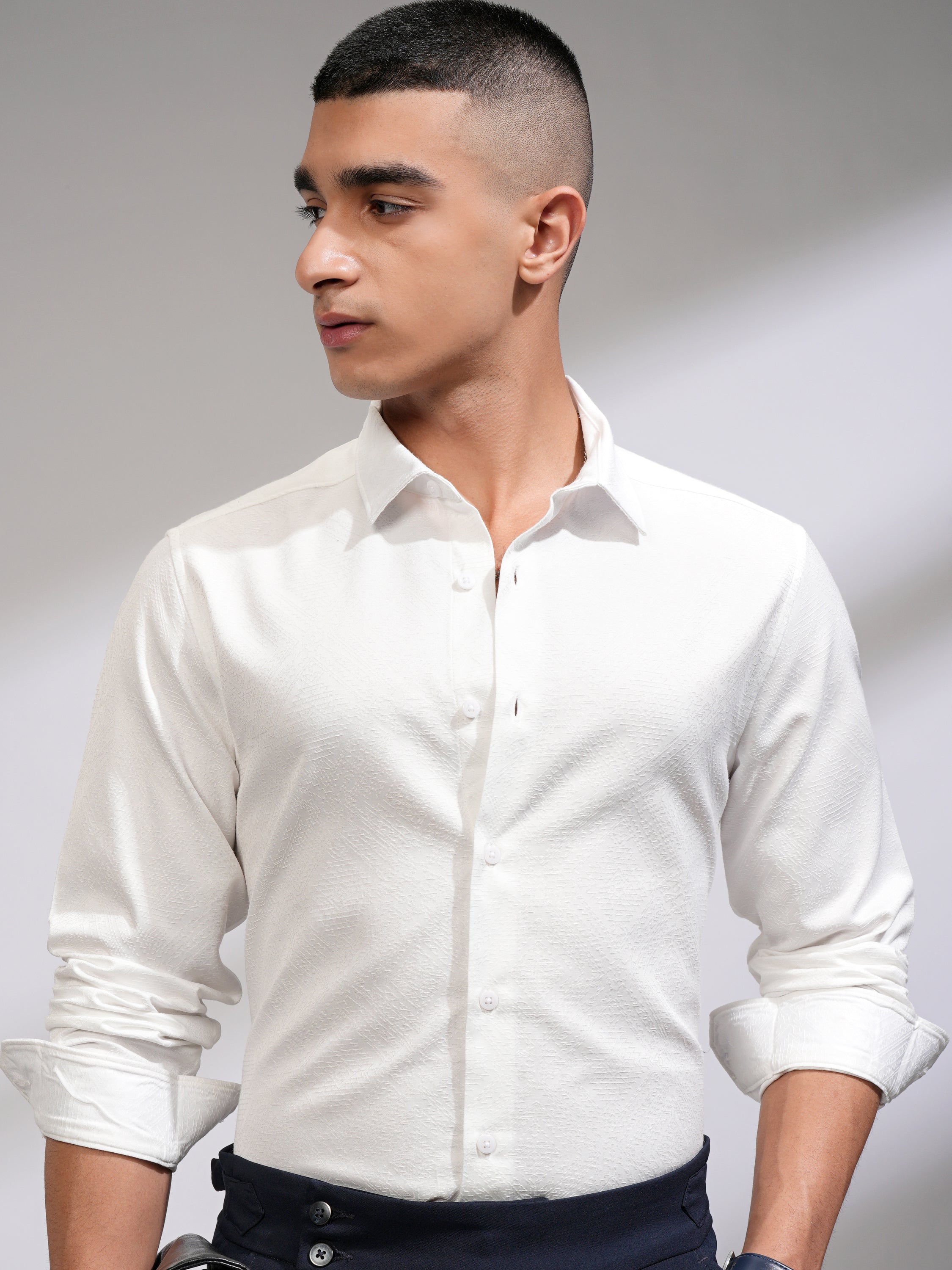 Highlander Men White Self Design Slim Fit Casual Shirt - White - Image 1