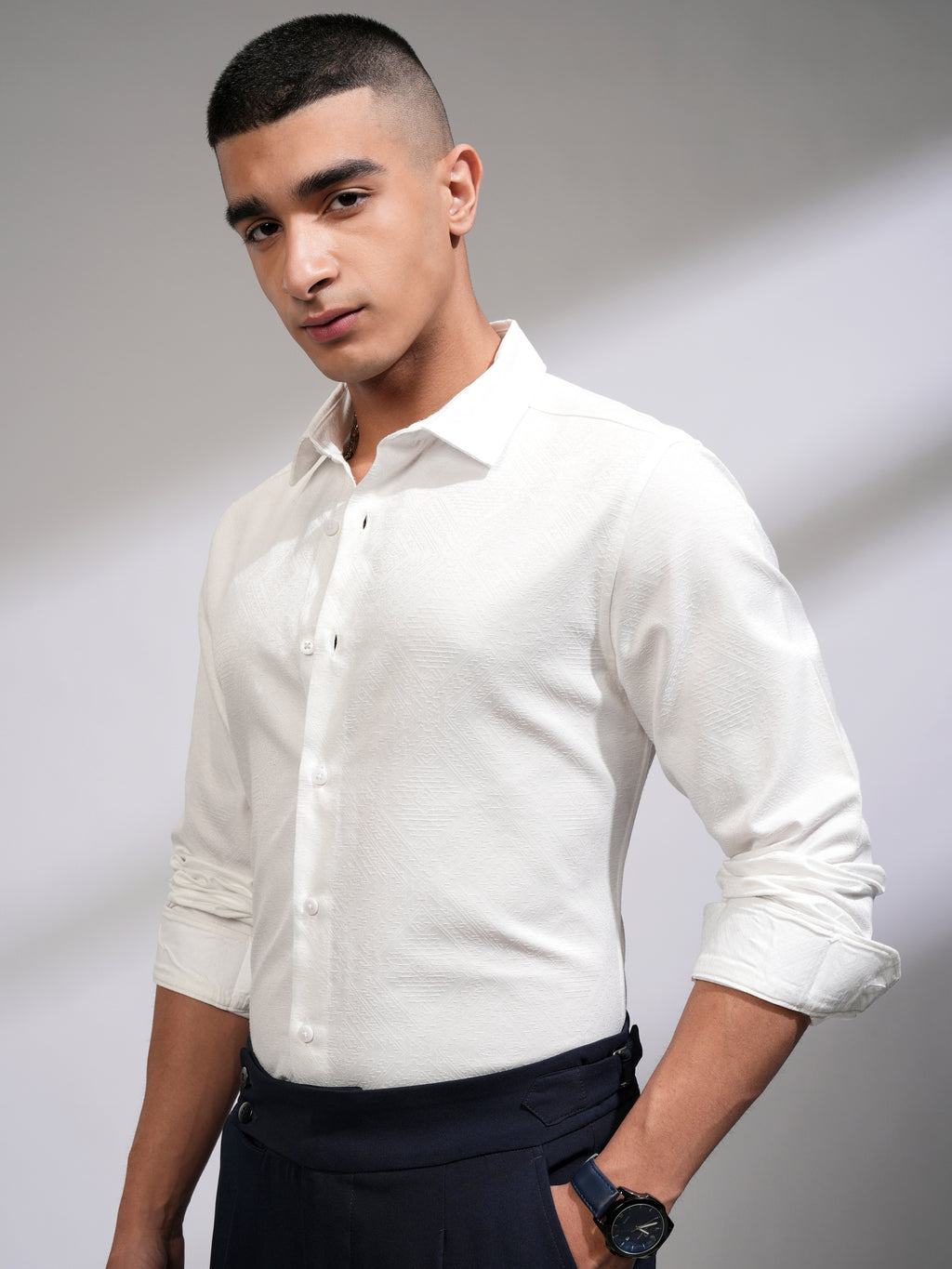 Highlander Men White Self Design Slim Fit Casual Shirt - White - Image 4
