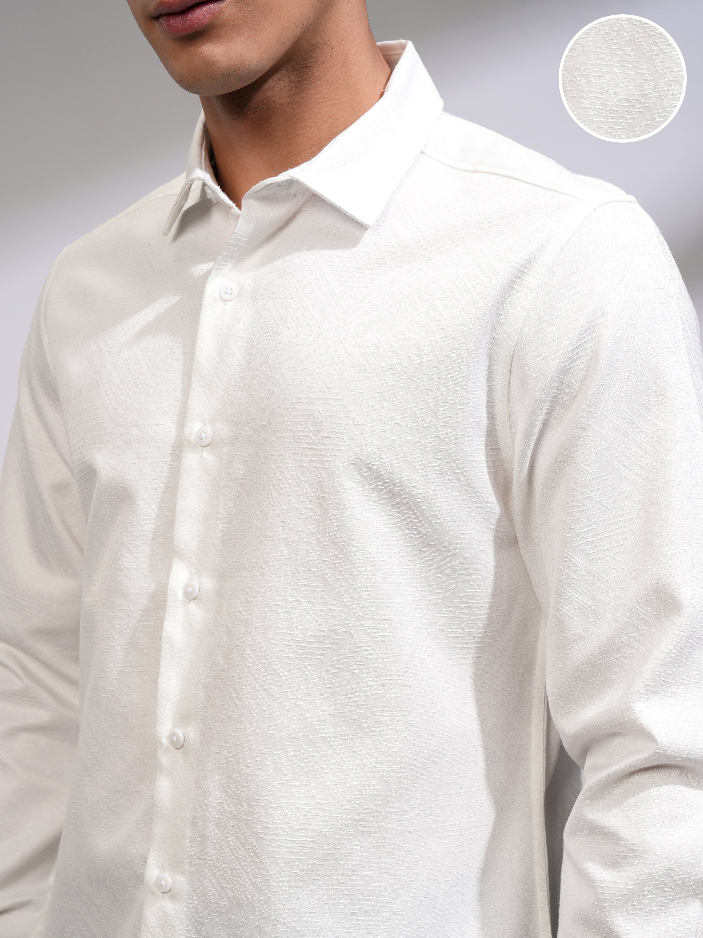 Highlander Men White Self Design Slim Fit Casual Shirt - White - Image 5
