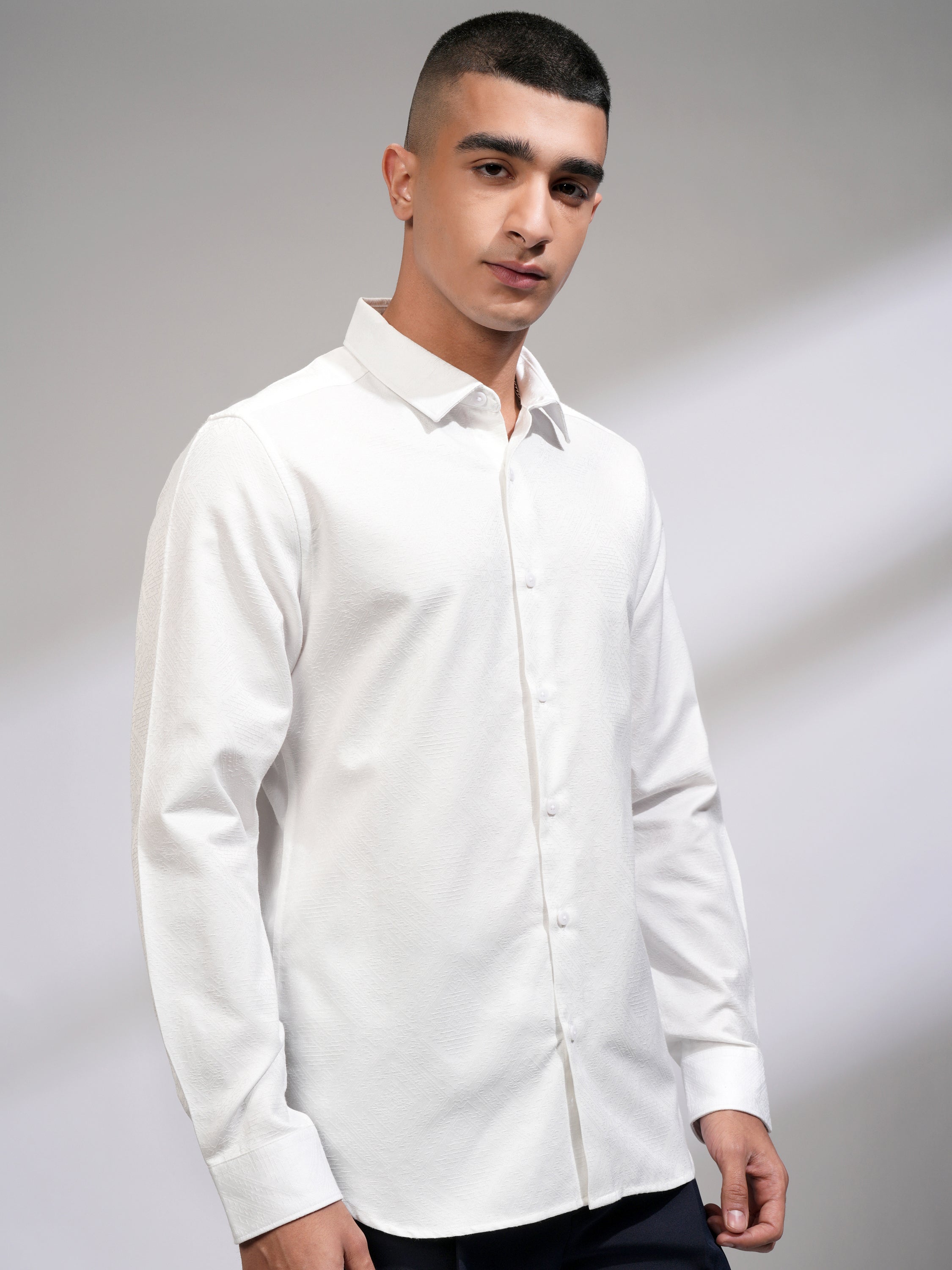 Highlander Men White Self Design Slim Fit Casual Shirt - White - Image 6