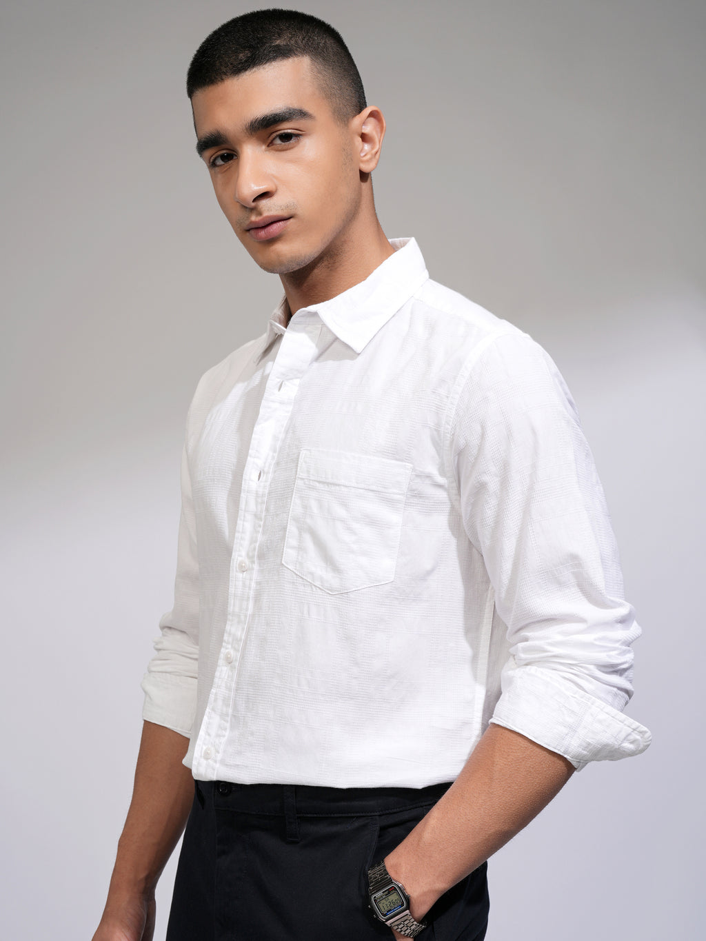 Highlander Men White Checked Slim Fit Casual Shirt - White - Image 4