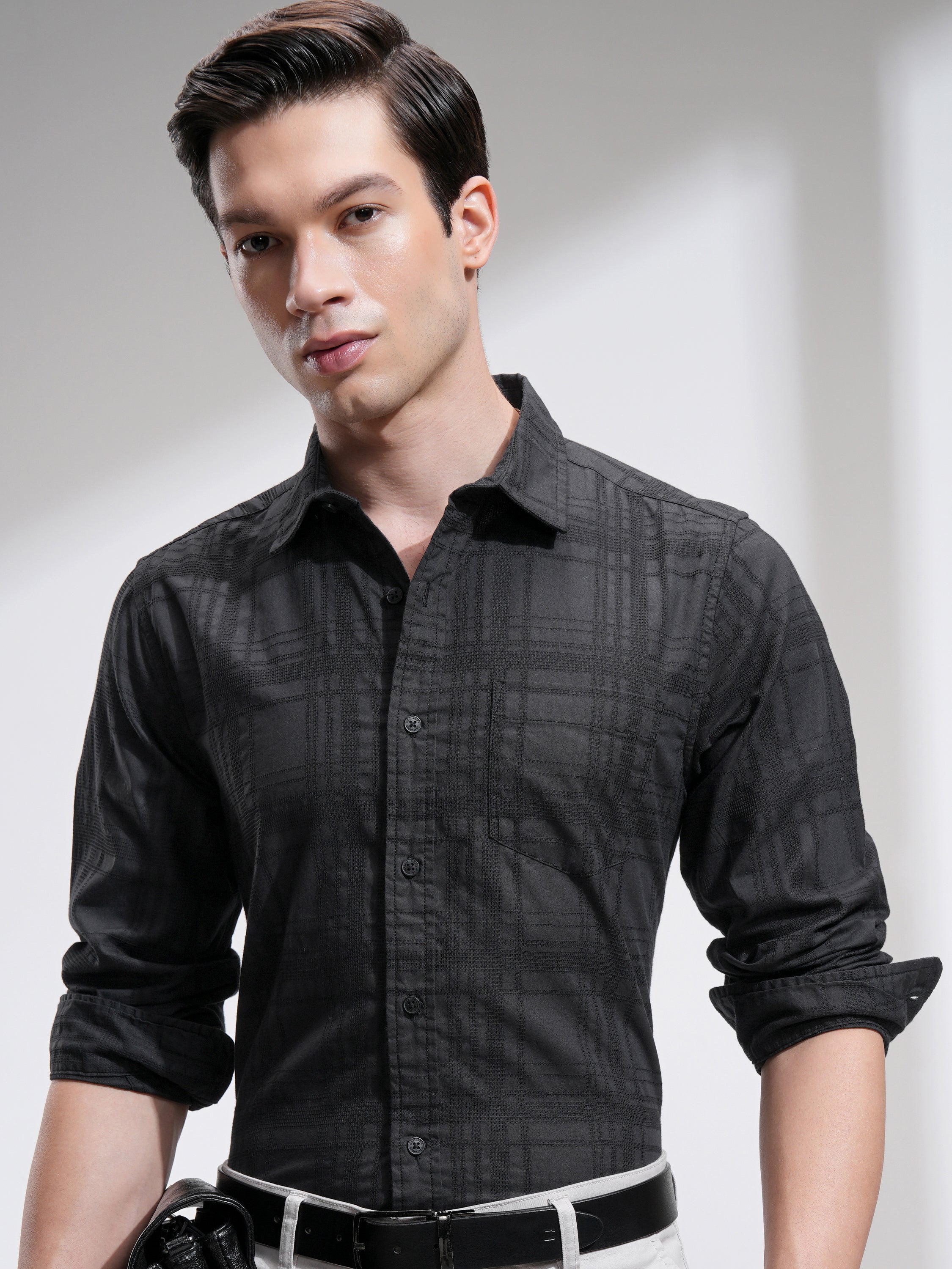 Highlander Men Black Checked Slim Fit Casual Shirt - Black - Image 1