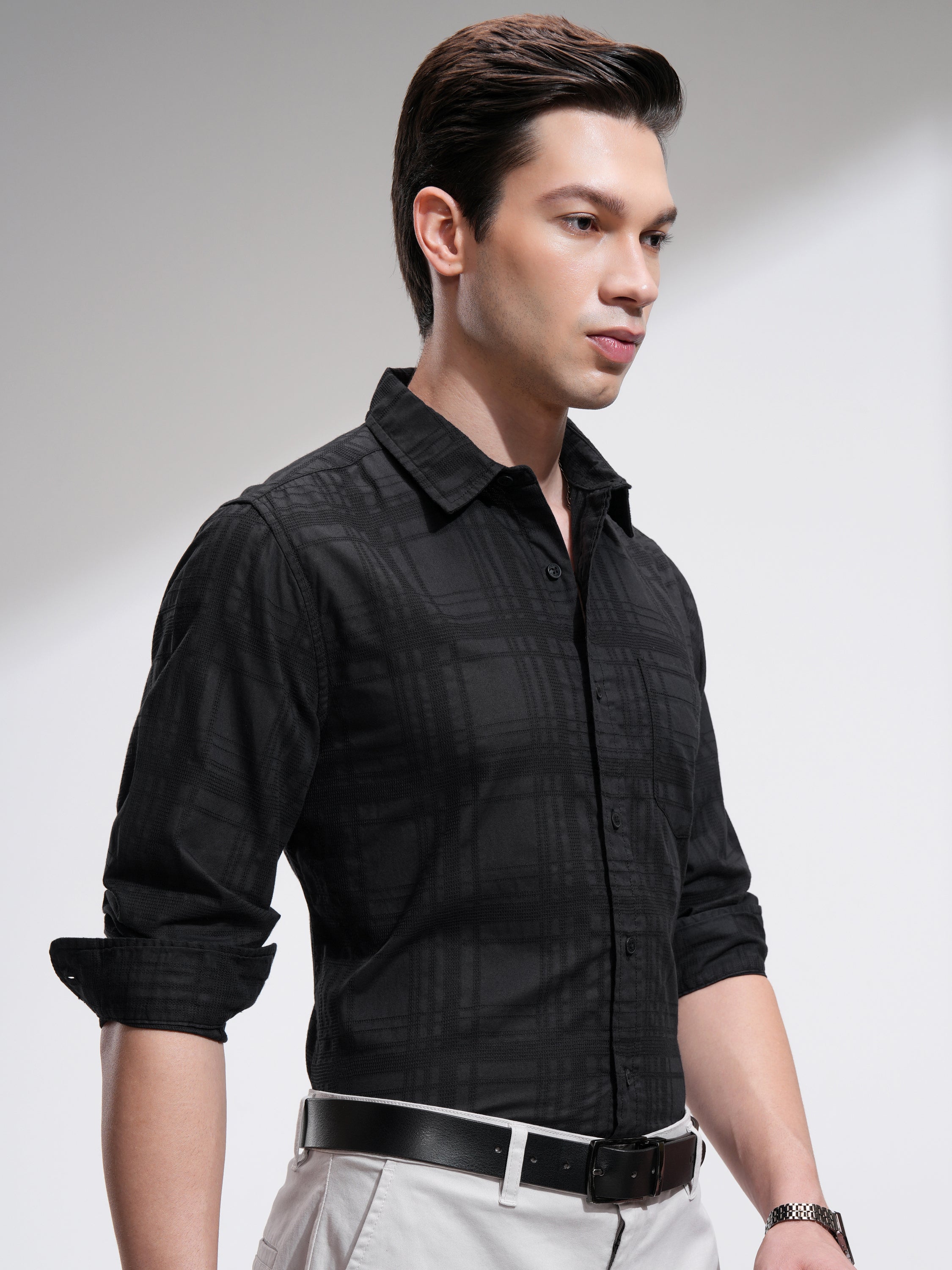 Highlander Men Black Checked Slim Fit Casual Shirt - Black - Image 6