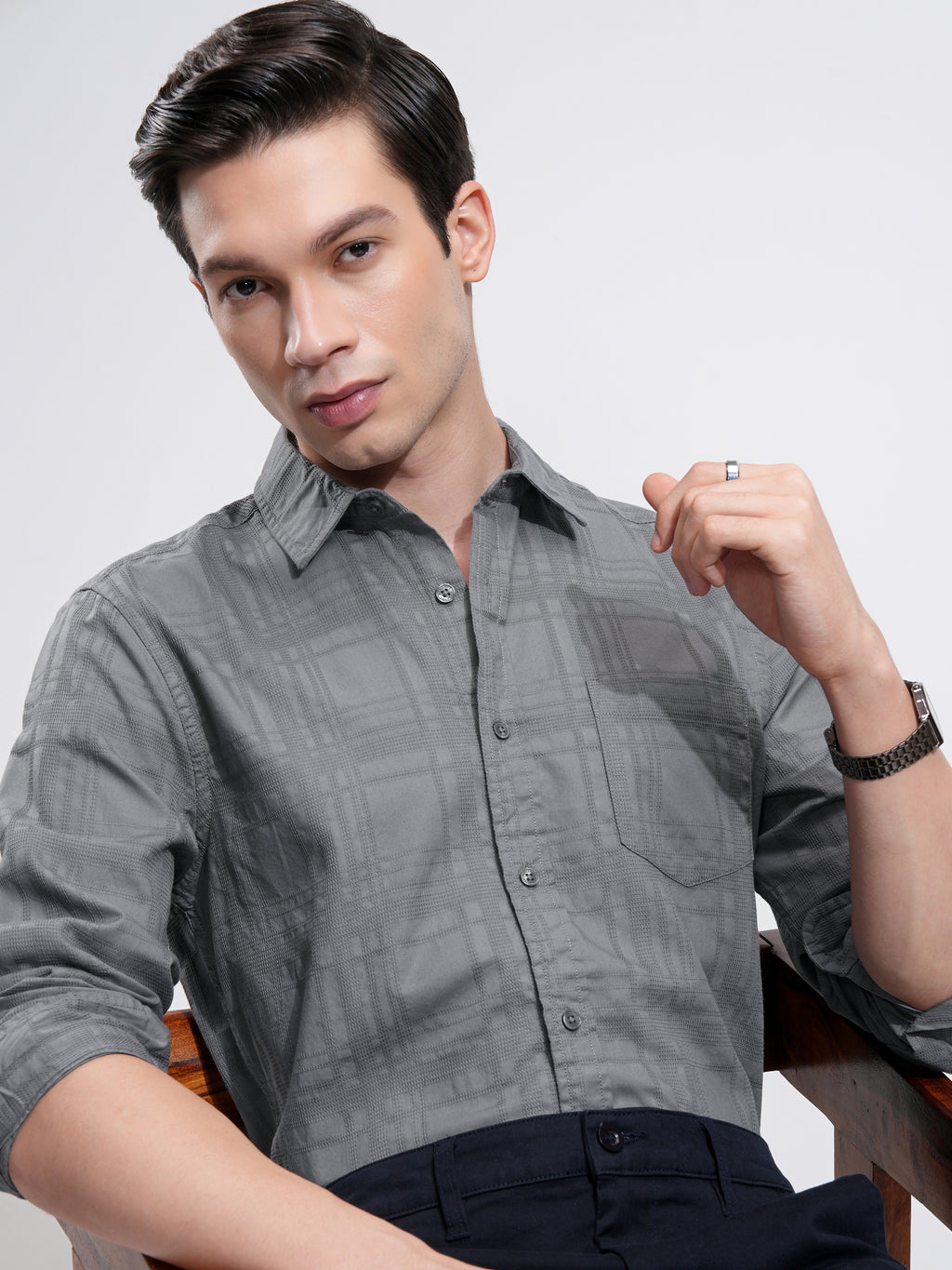 Highlander Men Grey Checked Slim Fit Casual Shirt - Grey - Image 1