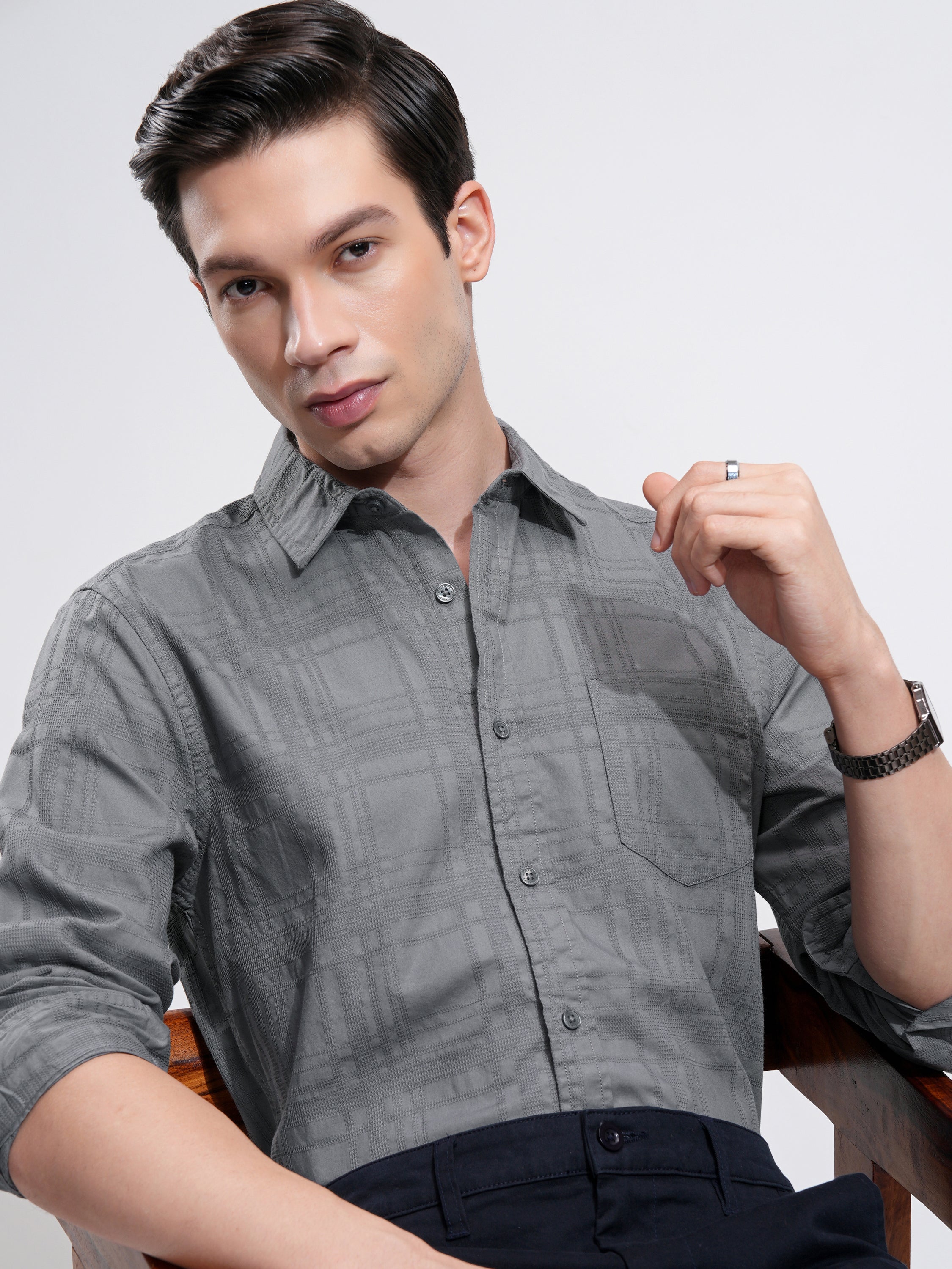 Highlander Men Grey Checked Slim Fit Casual Shirt - Grey - Image 1