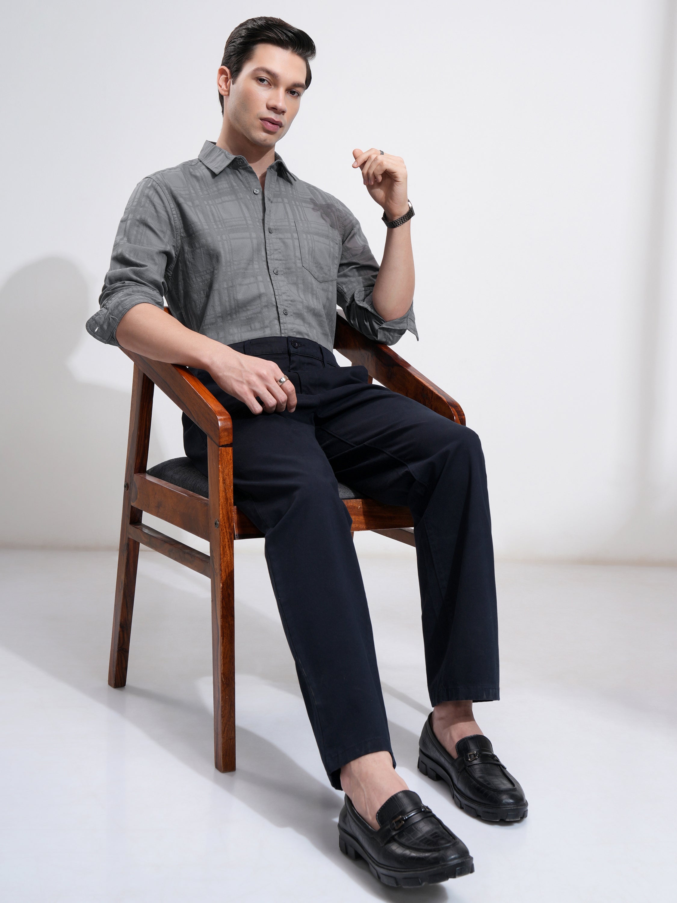 Highlander Men Grey Checked Slim Fit Casual Shirt - Grey - Image 2