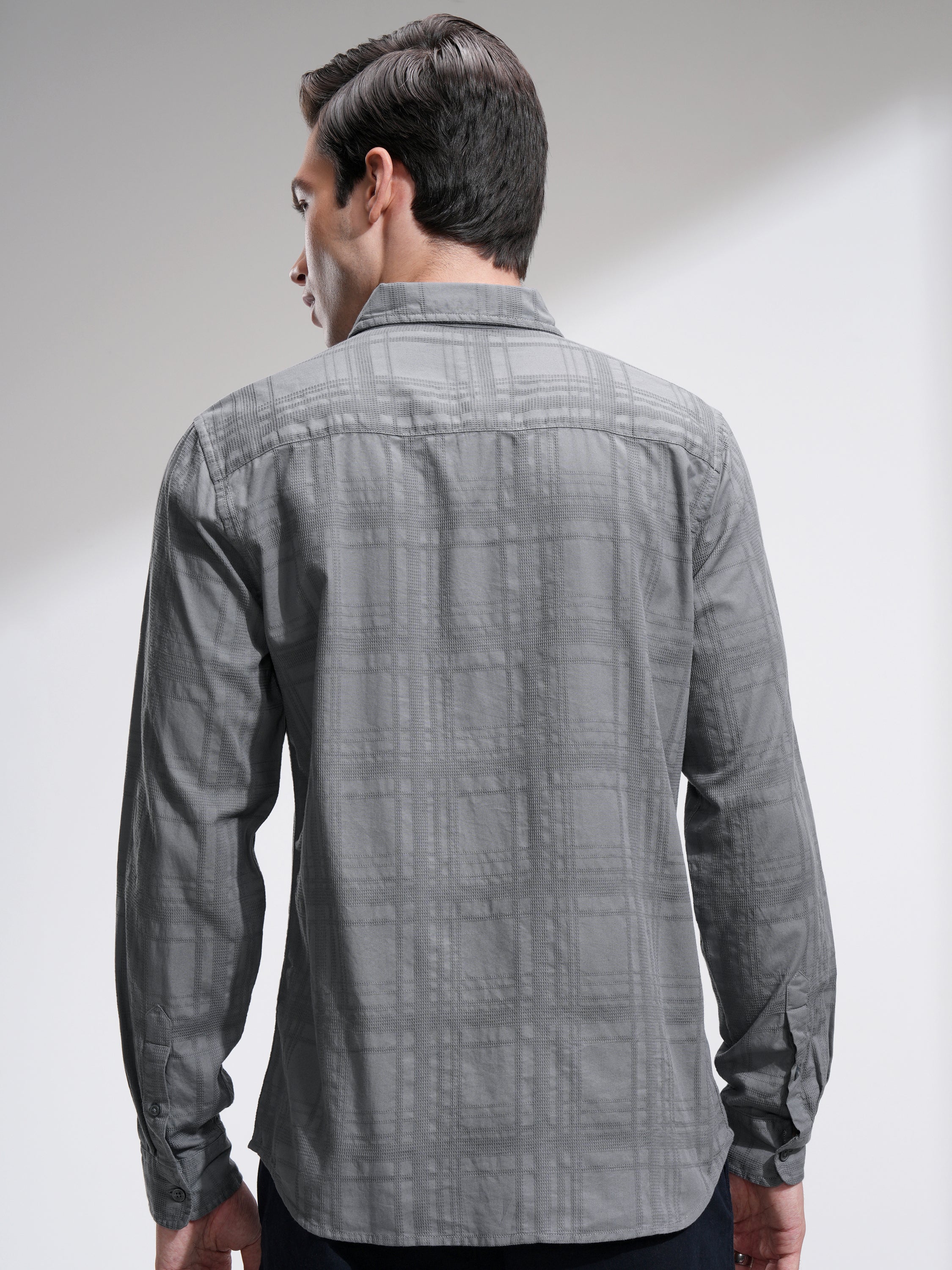 Highlander Men Grey Checked Slim Fit Casual Shirt - Grey - Image 3