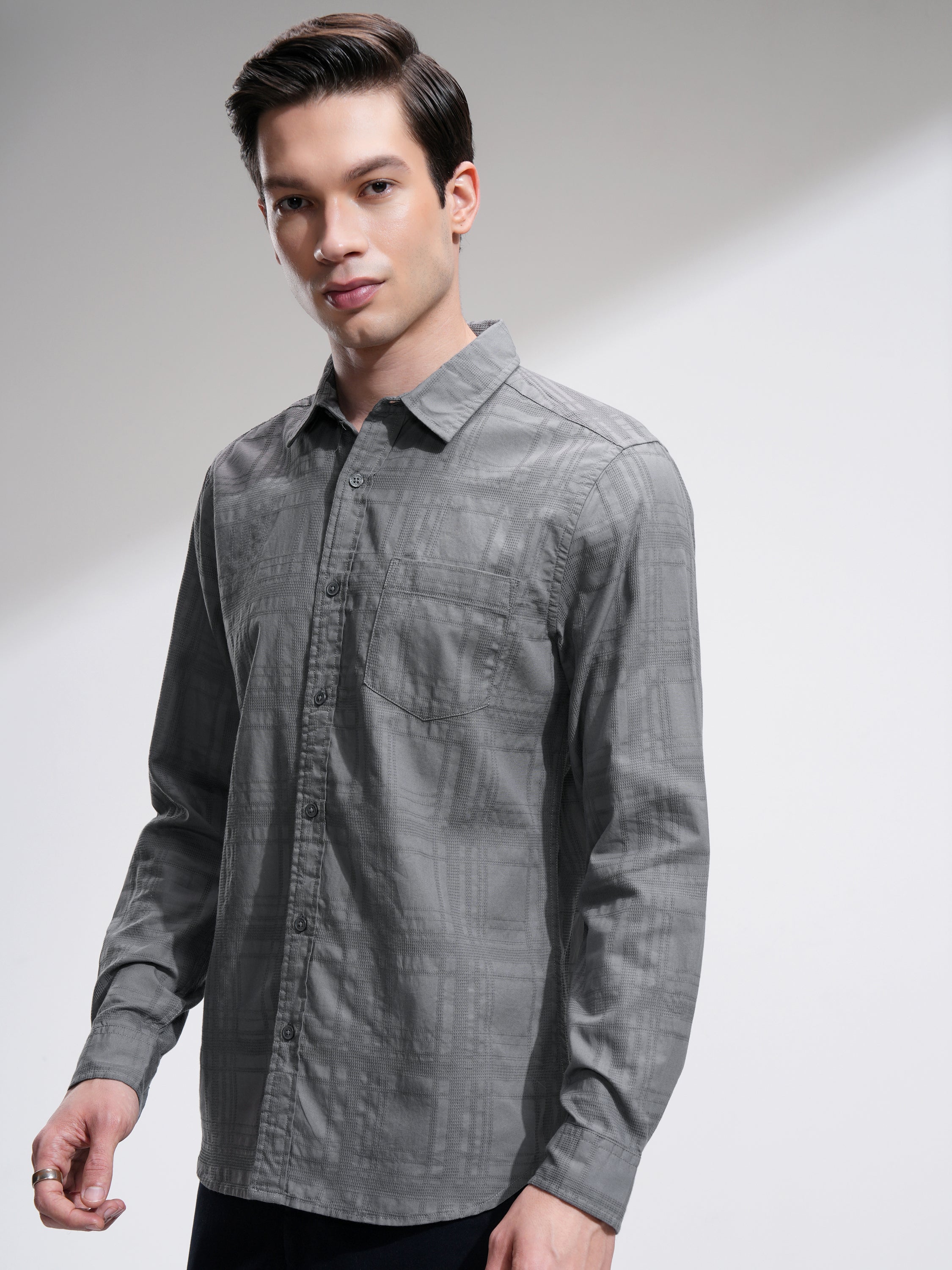 Highlander Men Grey Checked Slim Fit Casual Shirt - Grey - Image 4