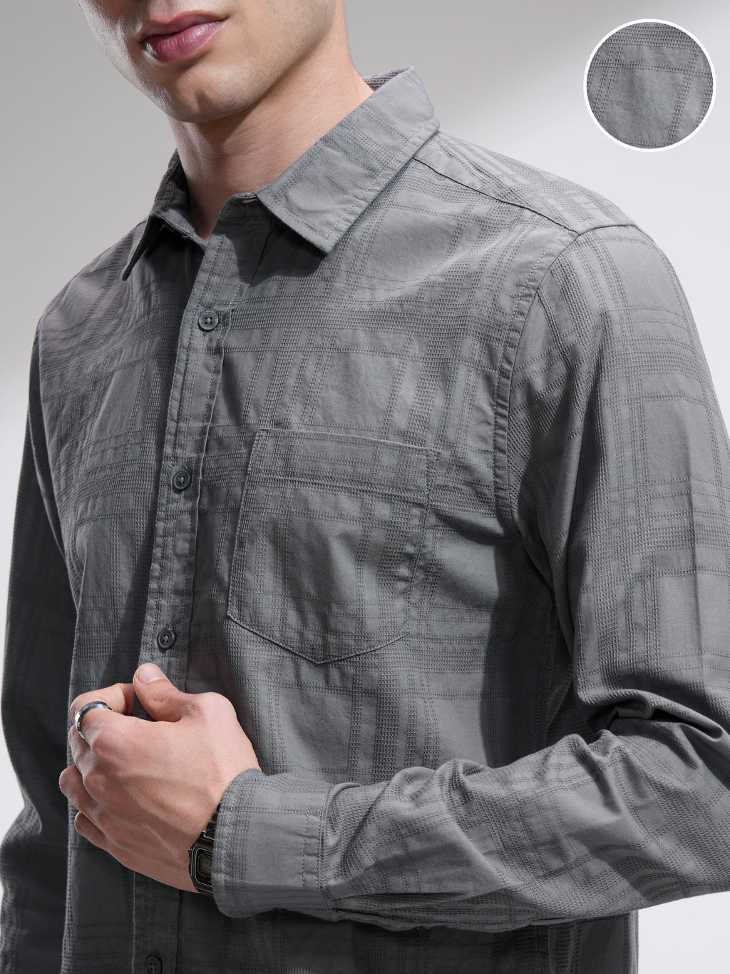 Highlander Men Grey Checked Slim Fit Casual Shirt - Grey - Image 5