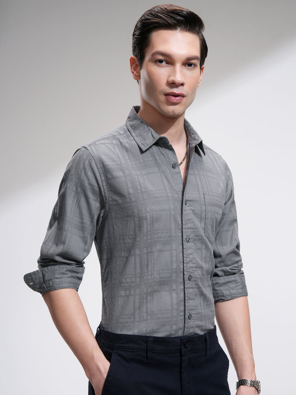 Highlander Men Grey Checked Slim Fit Casual Shirt - Grey - Image 6
