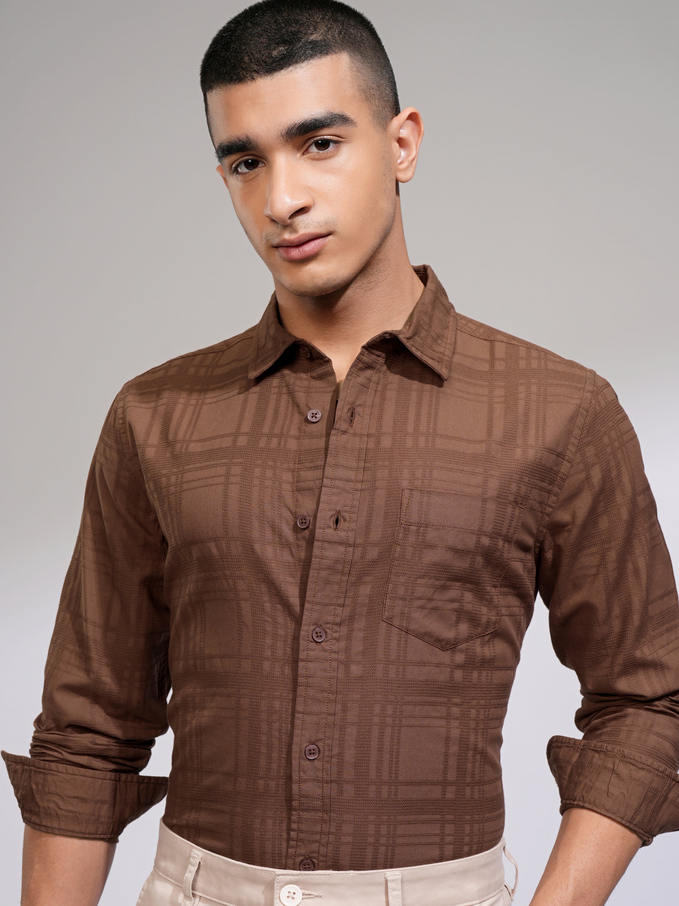 Highlander Men Rust Checked Slim Fit Casual Shirt - Rust - Image 1