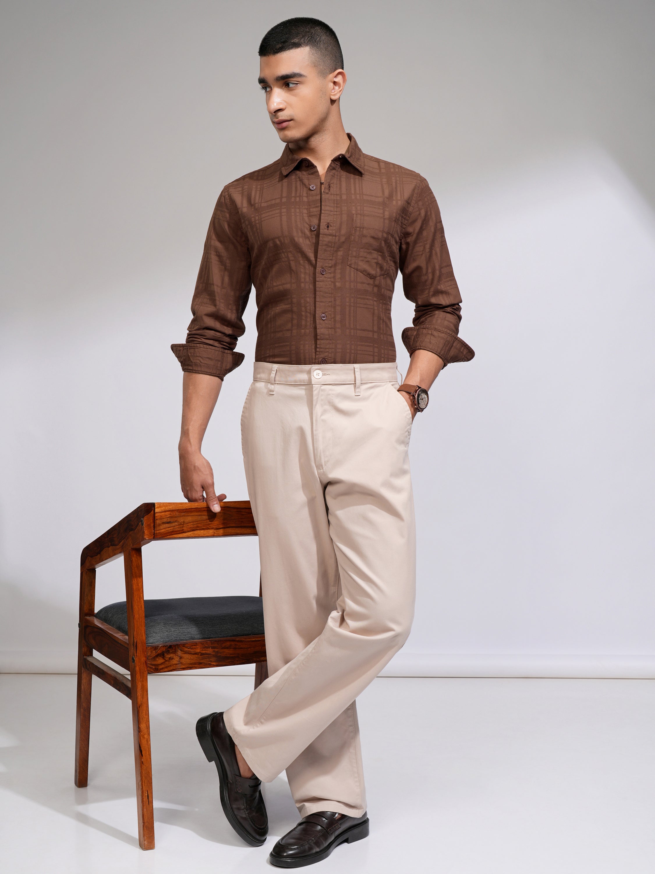 Highlander Men Rust Checked Slim Fit Casual Shirt - Rust - Image 2