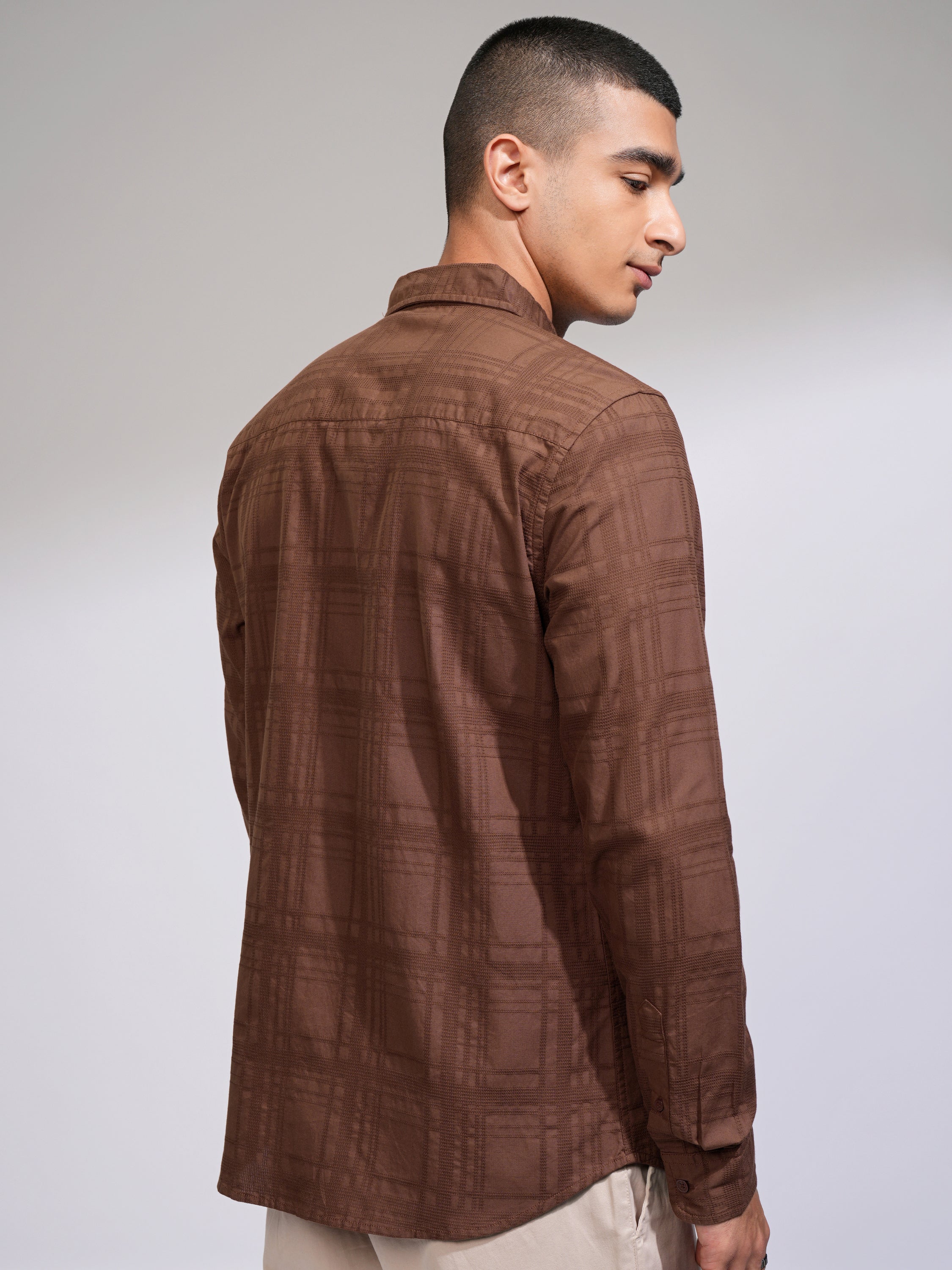 Highlander Men Rust Checked Slim Fit Casual Shirt - Rust - Image 3