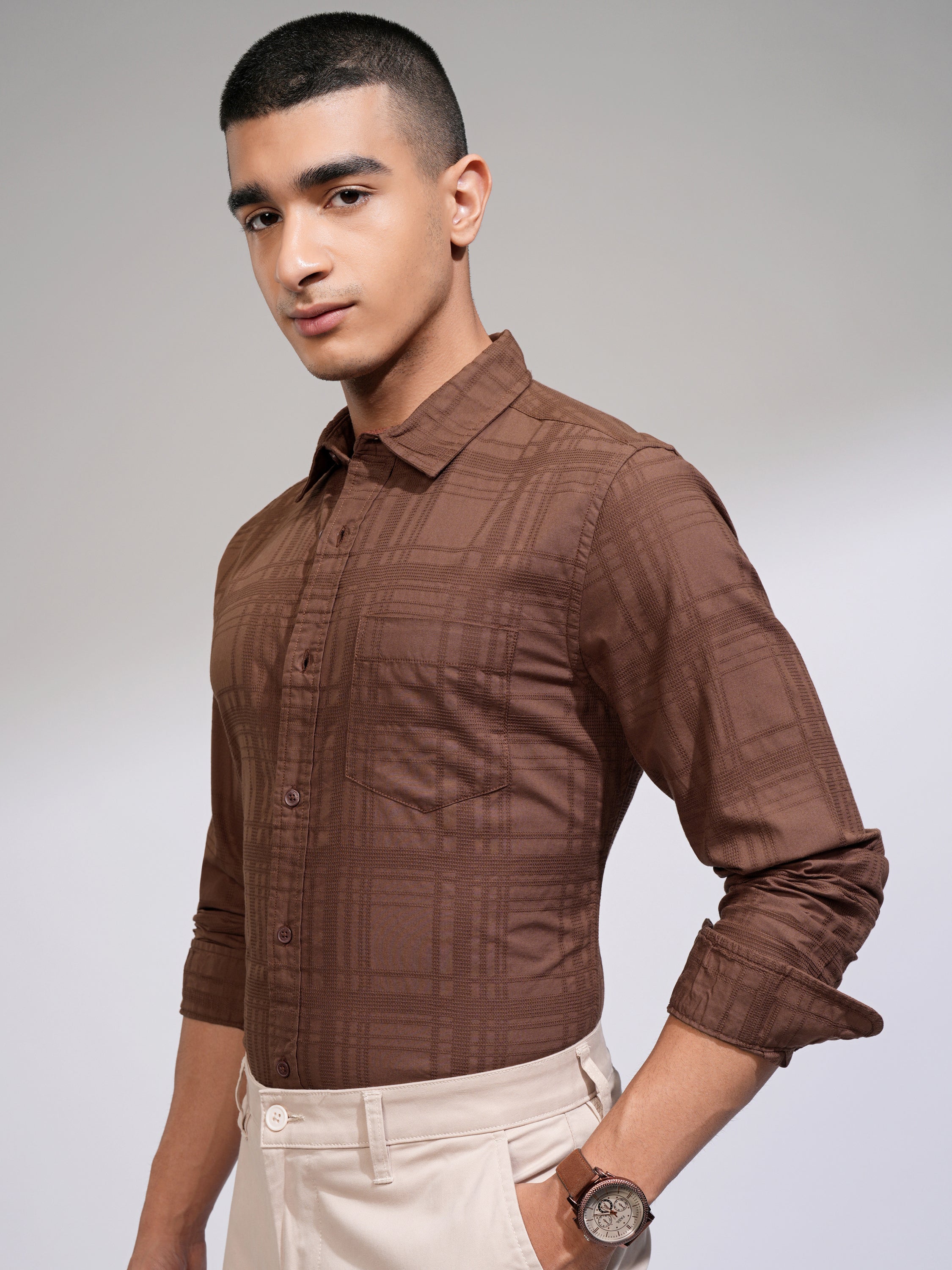 Highlander Men Rust Checked Slim Fit Casual Shirt - Rust - Image 4