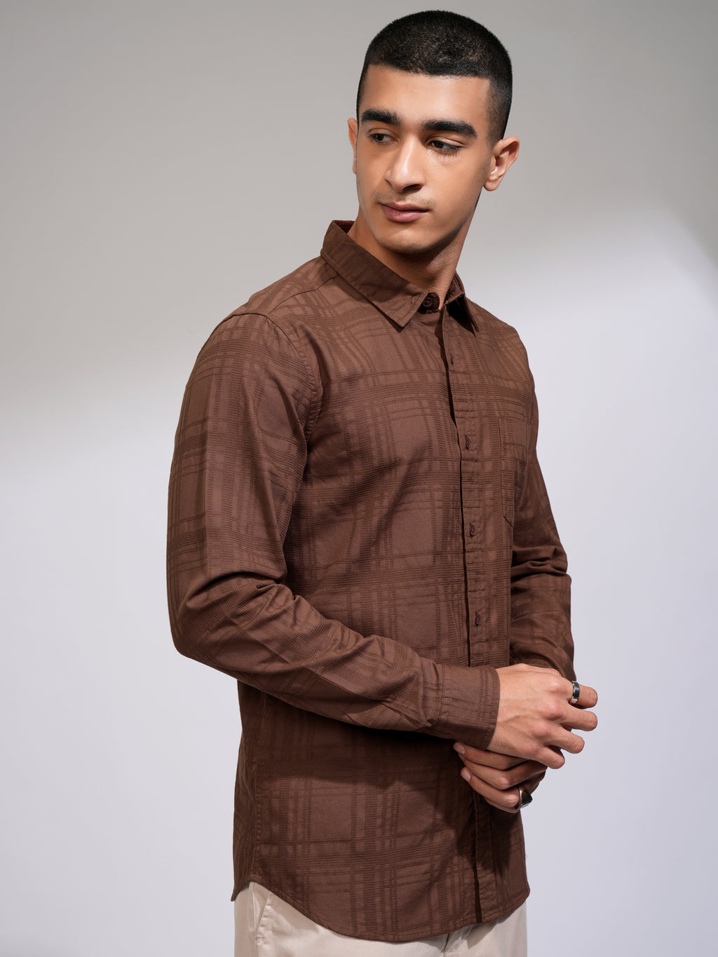 Highlander Men Rust Checked Slim Fit Casual Shirt - Rust - Image 6