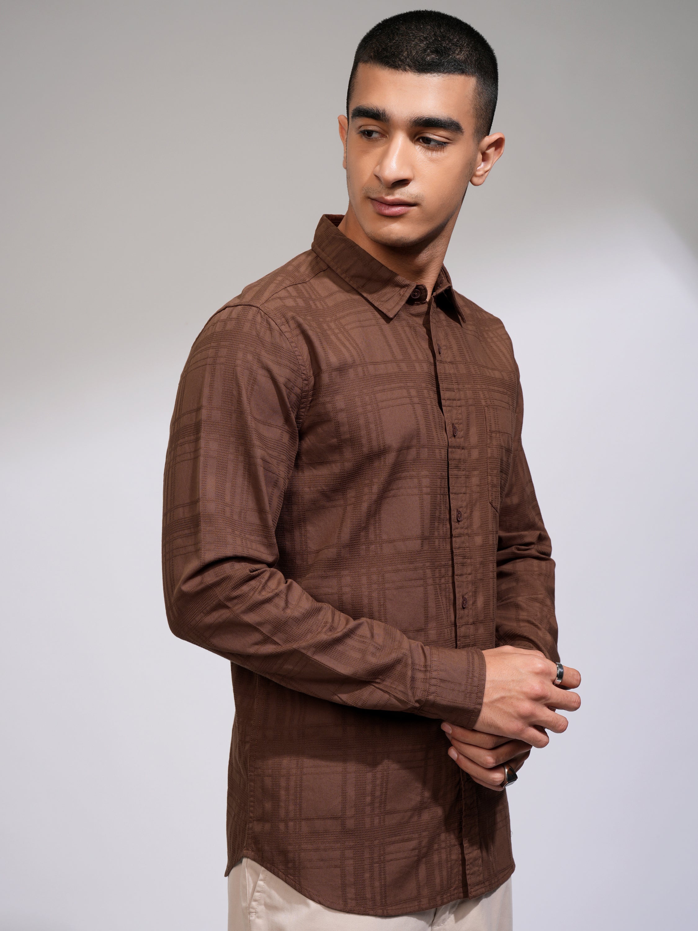 Highlander Men Rust Checked Slim Fit Casual Shirt - Rust - Image 6