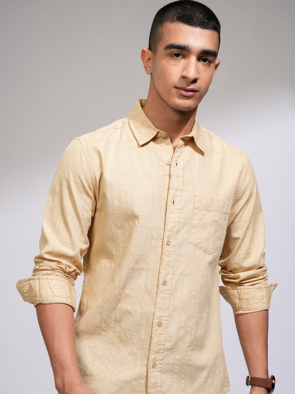 Highlander Men Beige Checked Slim Fit Casual Shirt - Beige - Image 1
