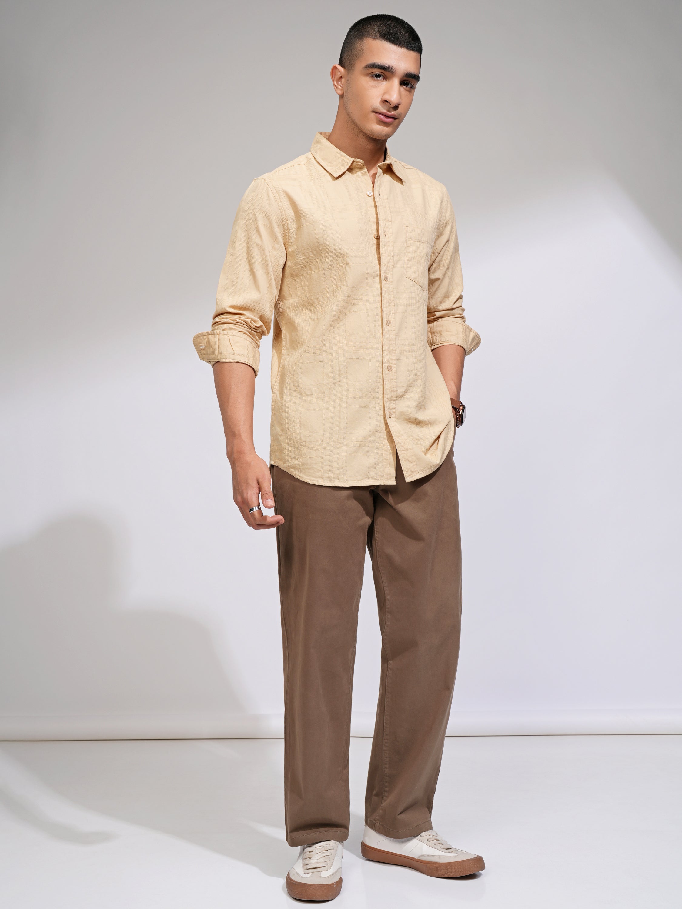 Highlander Men Beige Checked Slim Fit Casual Shirt - Beige - Image 2