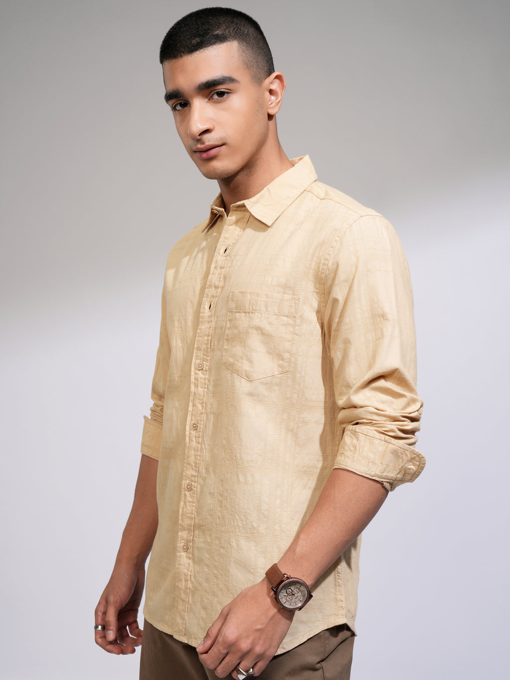 Highlander Men Beige Checked Slim Fit Casual Shirt - Beige - Image 4