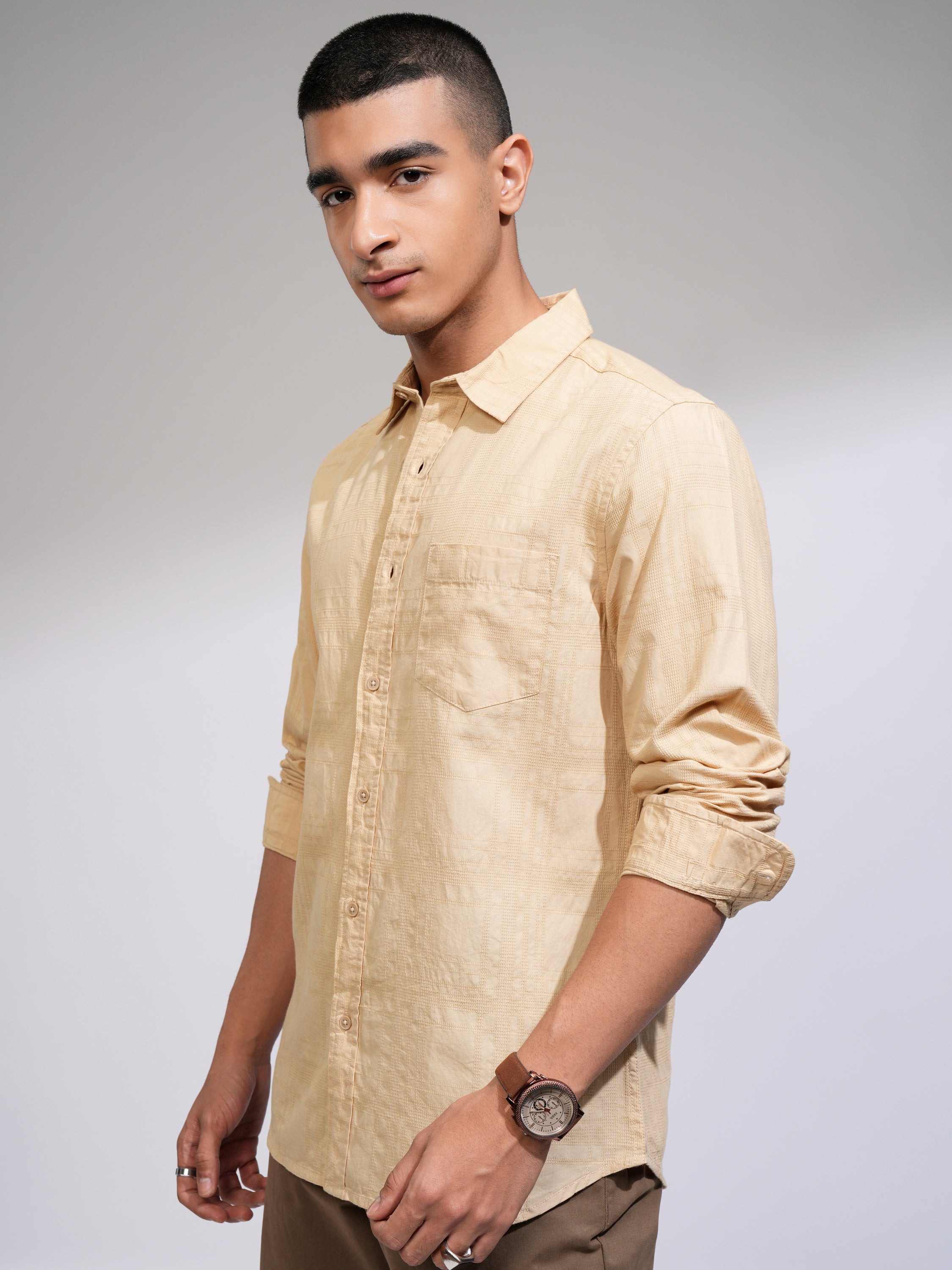 Highlander Men Beige Checked Slim Fit Casual Shirt - Beige - Image 4