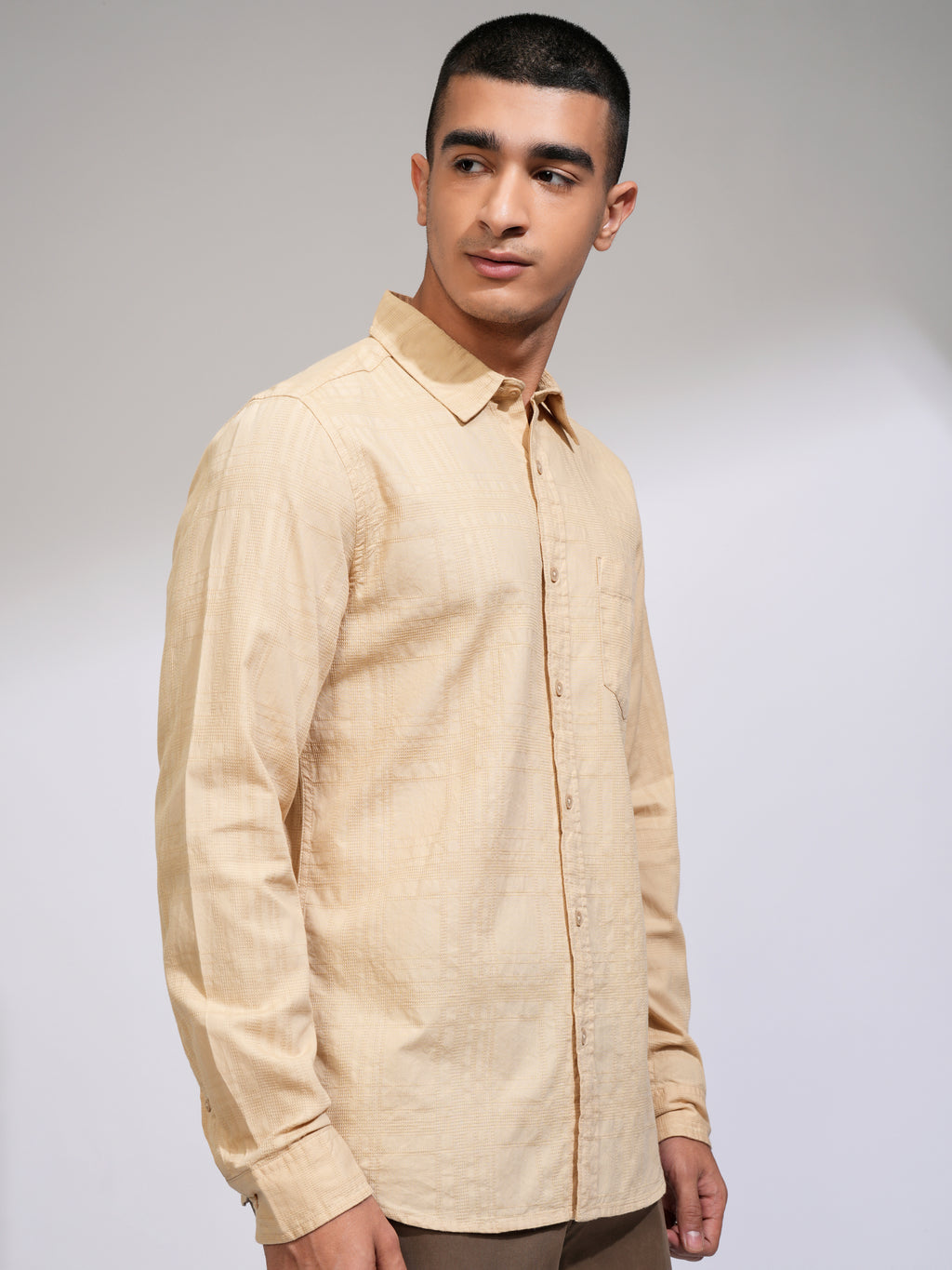 Highlander Men Beige Checked Slim Fit Casual Shirt - Beige - Image 6