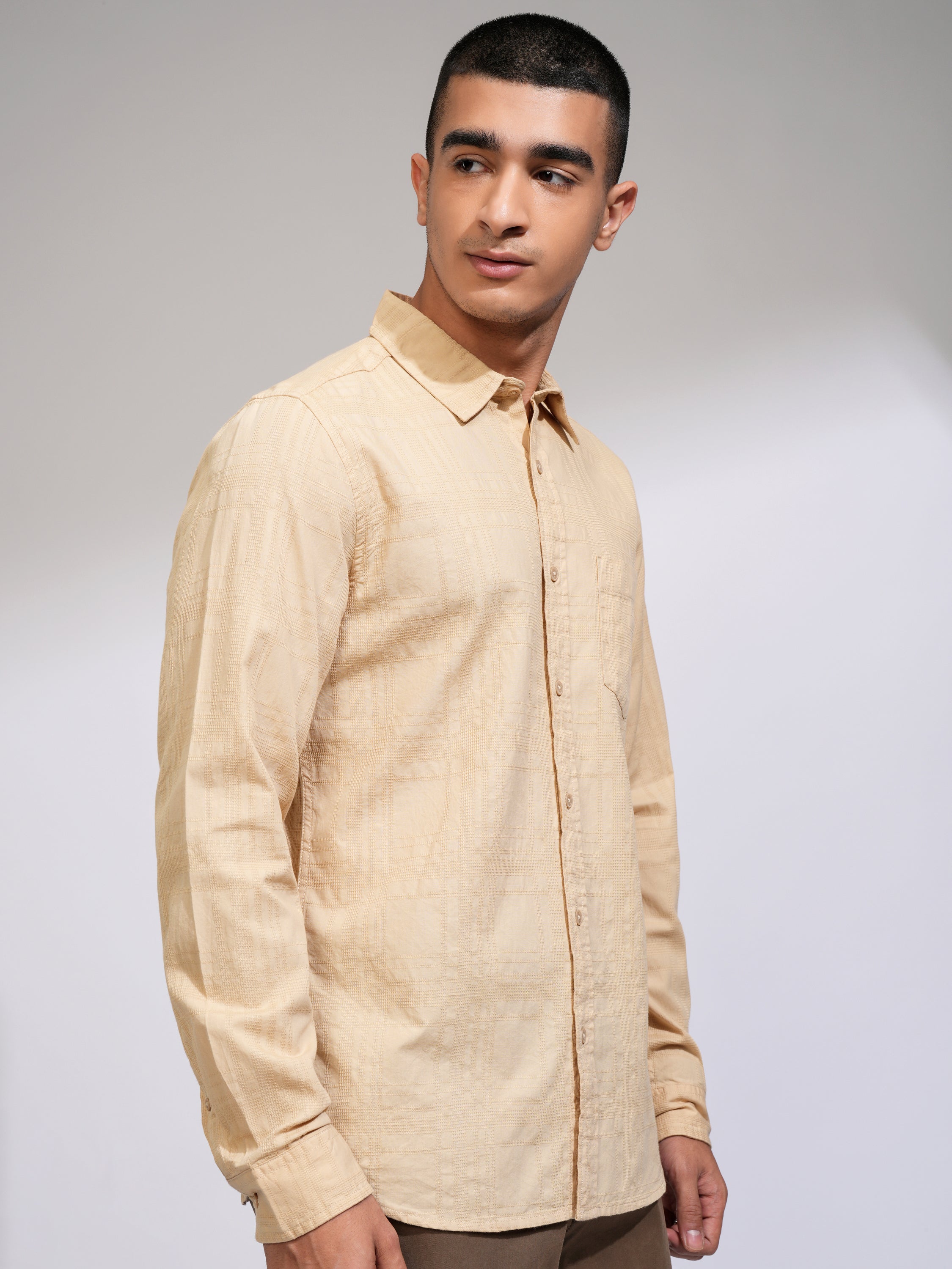Highlander Men Beige Checked Slim Fit Casual Shirt - Beige - Image 6