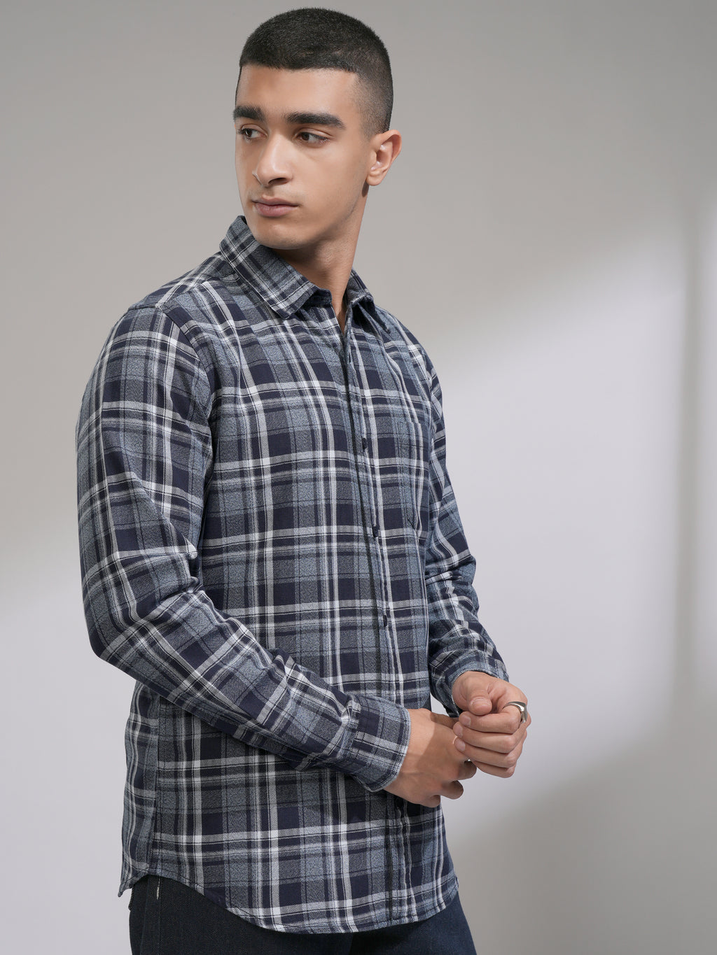 Highlander Men Navy Blue Checked Slim Fit Casual Shirt - Navy Blue - Image 6