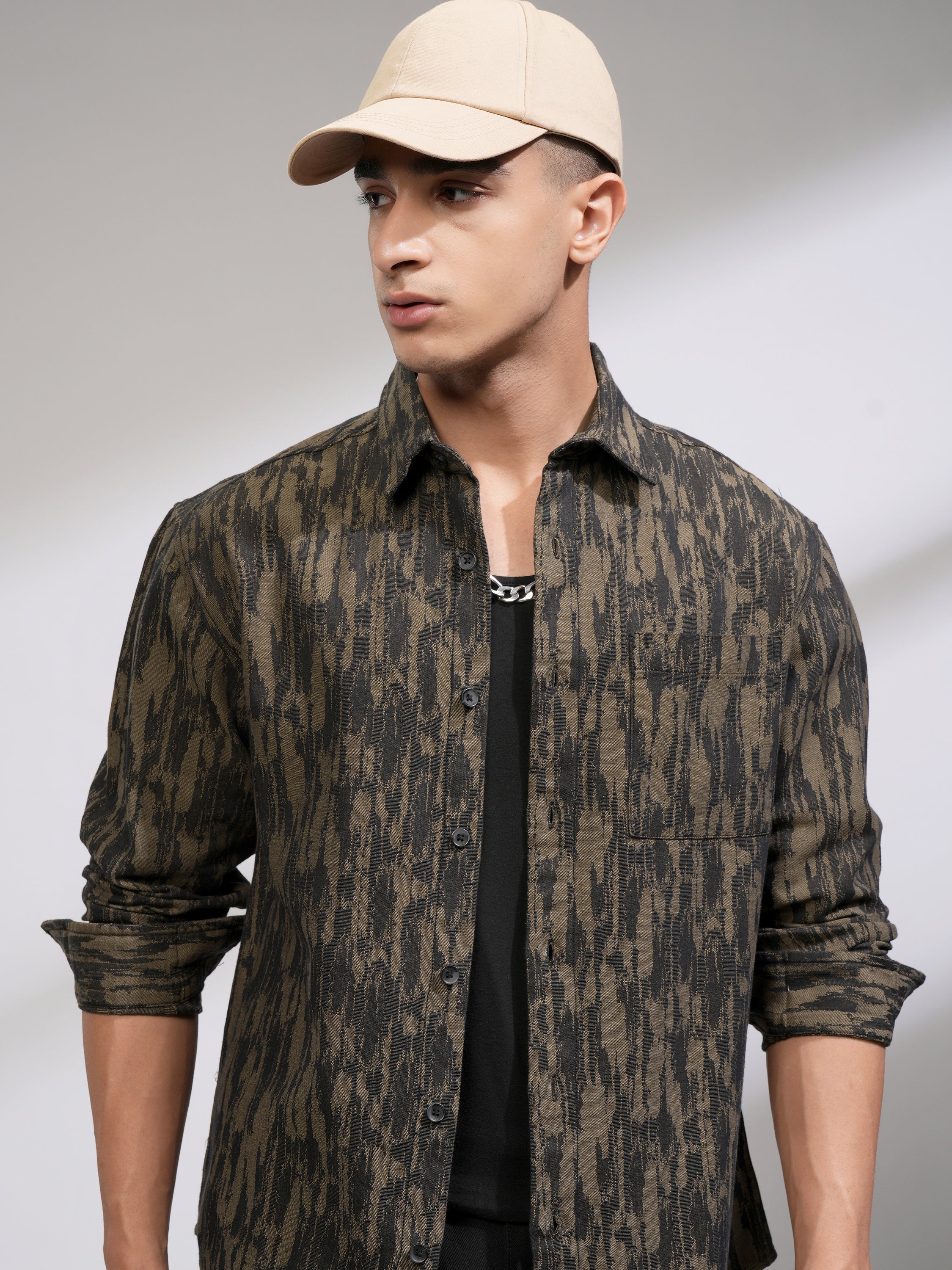 Highlander Men Khaki Printed Relaxed Fit Casual Shirt - Khaki - Image 1