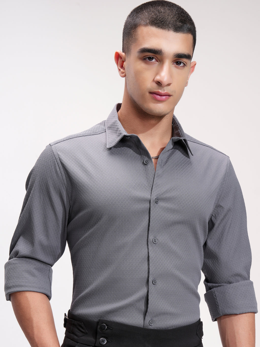 Highlander Men Grey Self Design Slim Fit Casual Shirt - Grey - Image 1