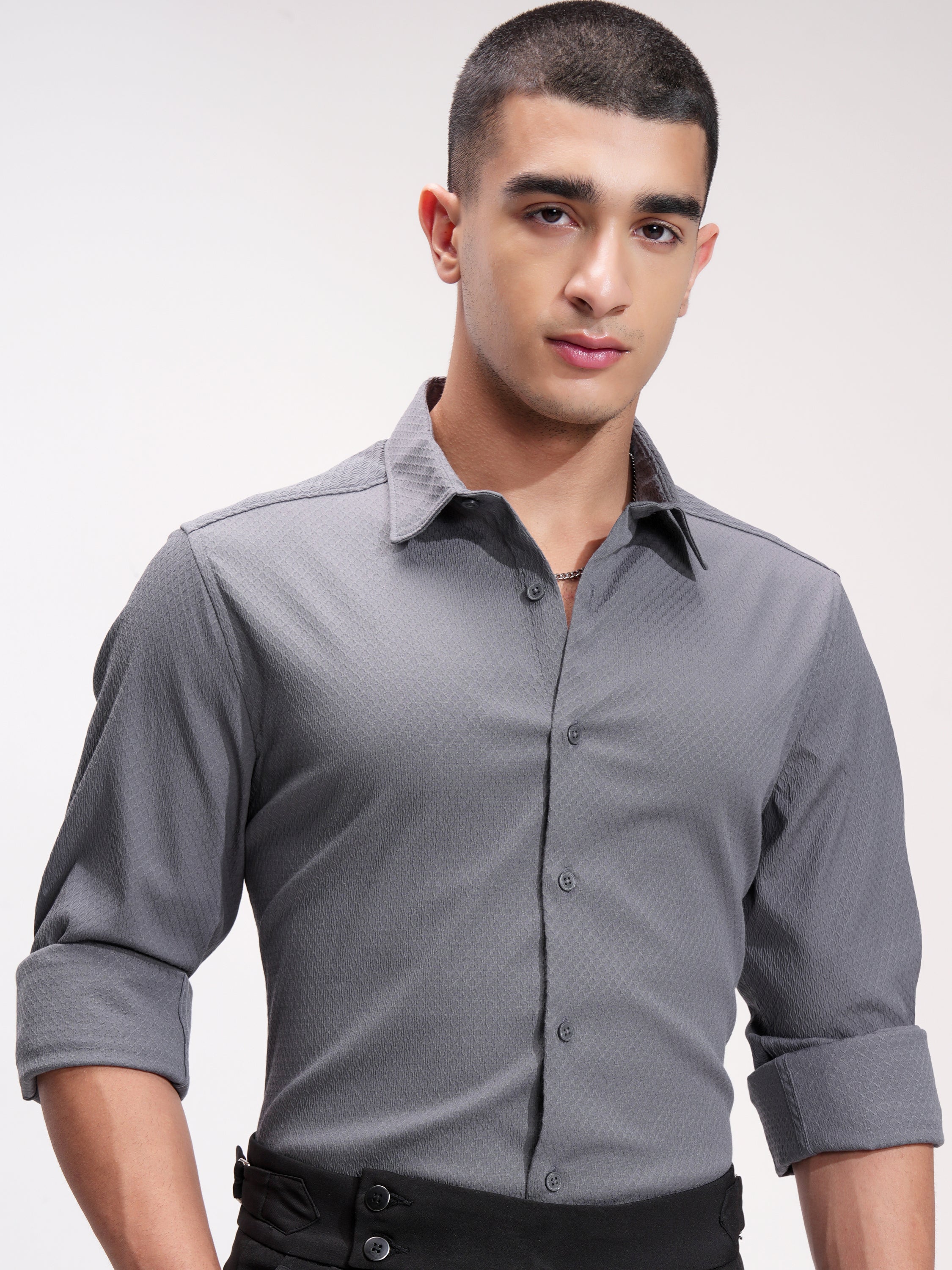 Highlander Men Grey Self Design Slim Fit Casual Shirt - Grey - Image 1