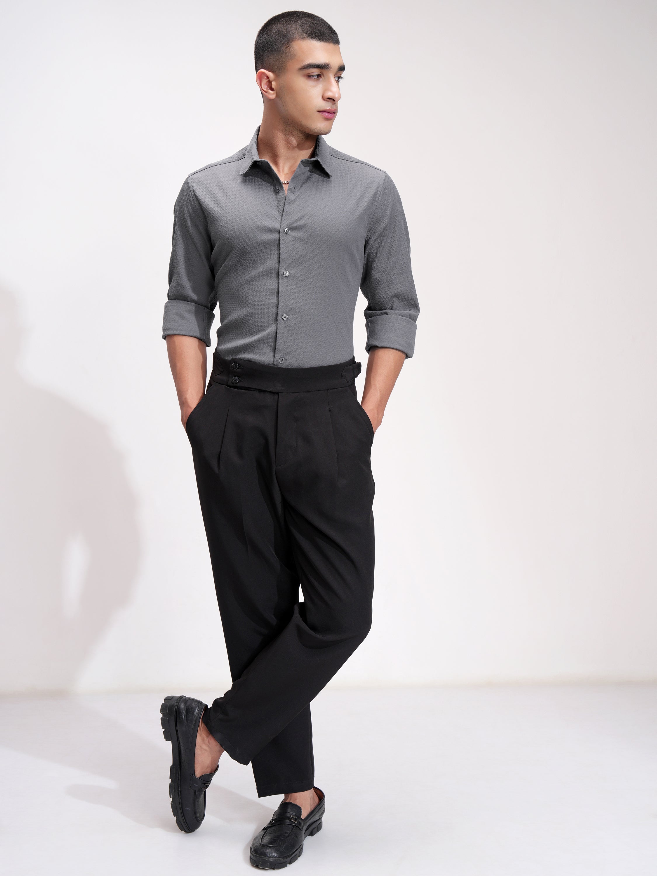 Highlander Men Grey Self Design Slim Fit Casual Shirt - Grey - Image 2