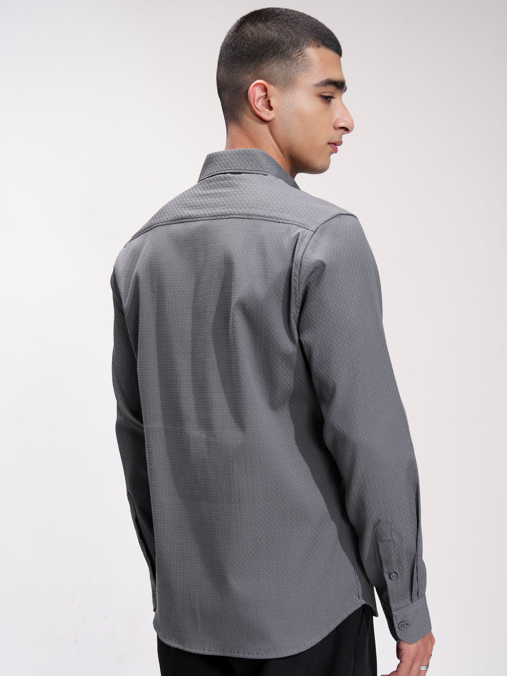 Highlander Men Grey Self Design Slim Fit Casual Shirt - Grey - Image 3