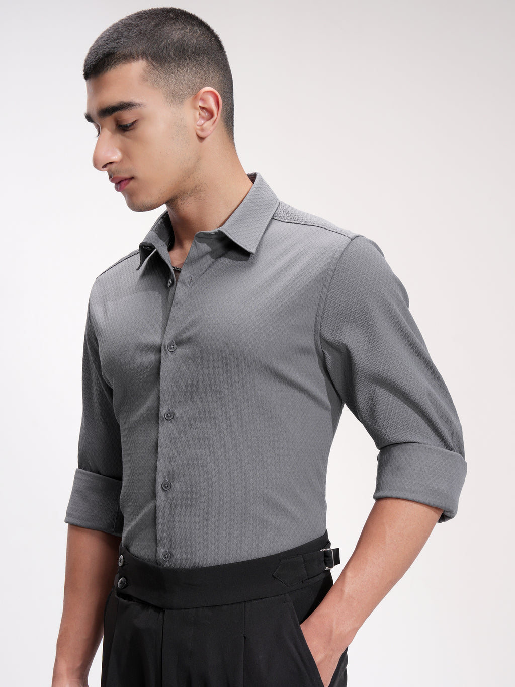 Highlander Men Grey Self Design Slim Fit Casual Shirt - Grey - Image 4