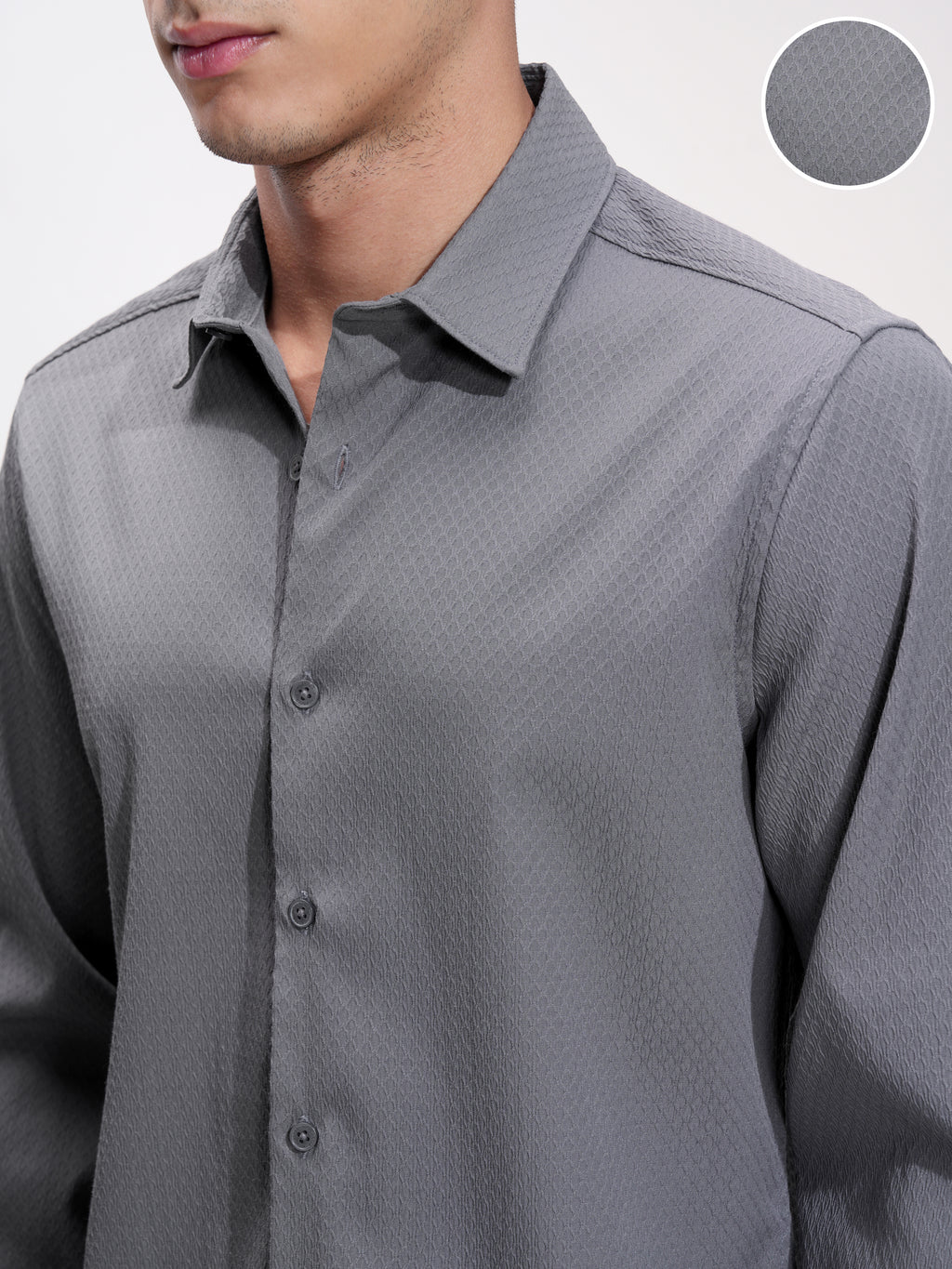 Highlander Men Grey Self Design Slim Fit Casual Shirt - Grey - Image 5