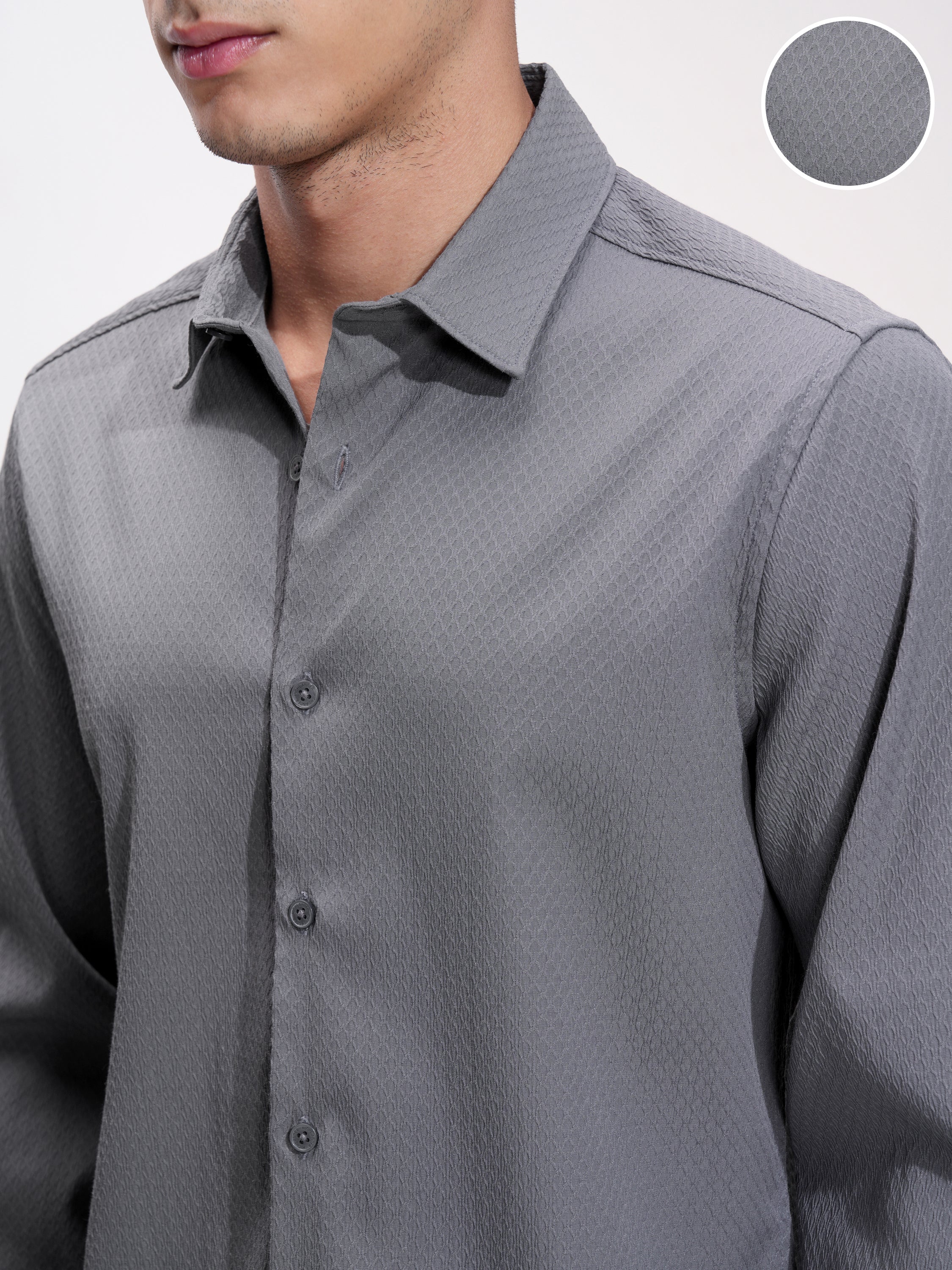 Highlander Men Grey Self Design Slim Fit Casual Shirt - Grey - Image 5