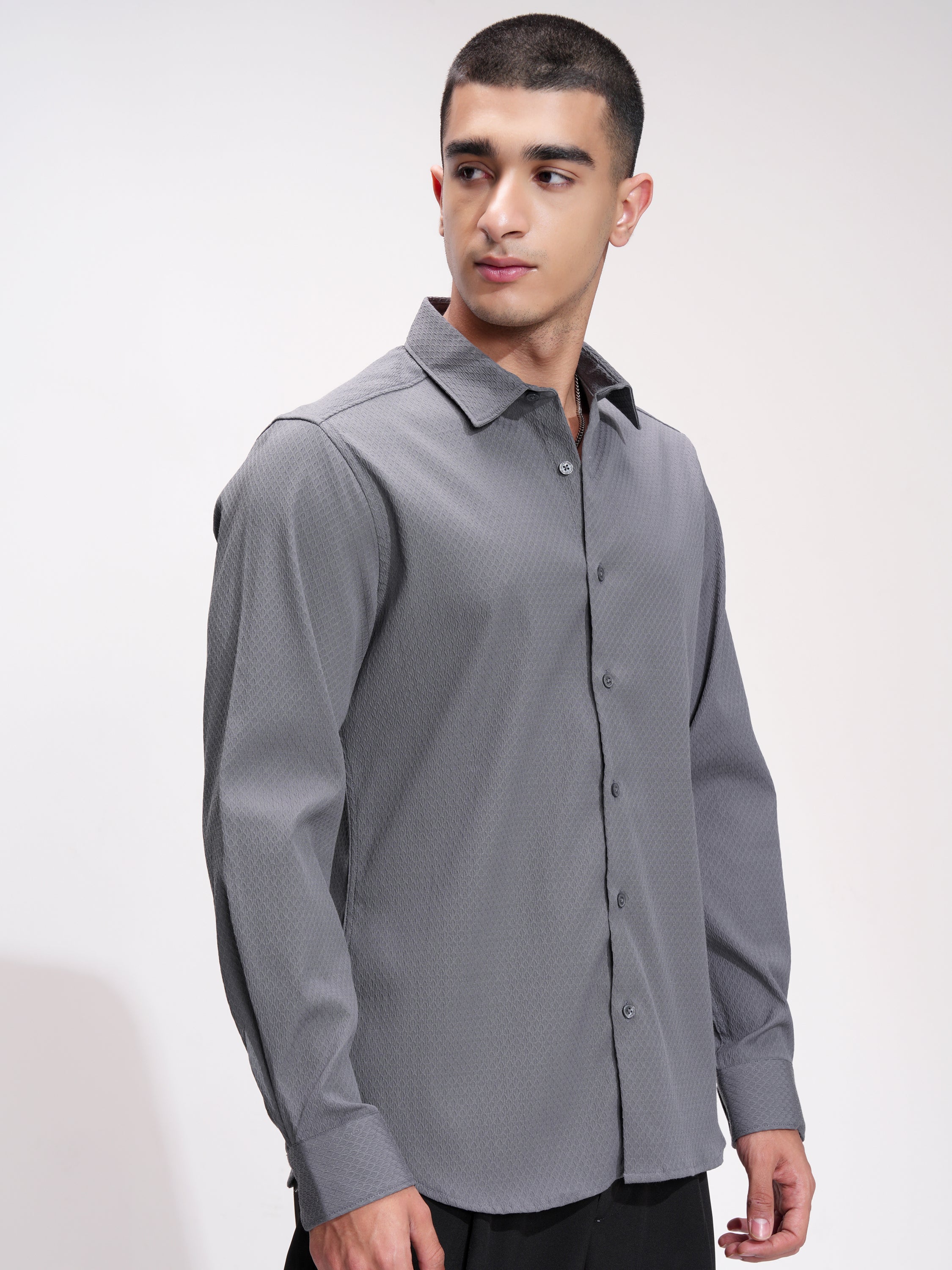 Highlander Men Grey Self Design Slim Fit Casual Shirt - Grey - Image 6