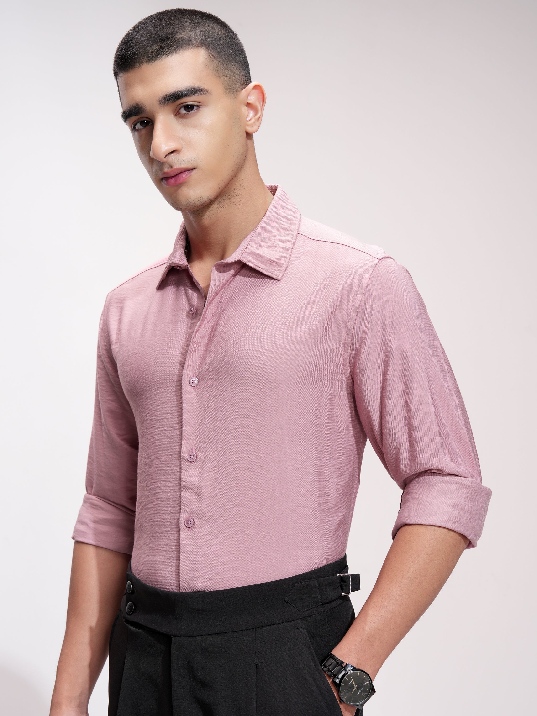Highlander Men Pink Self Design Slim Fit Casual Shirt - Pink - Image 4