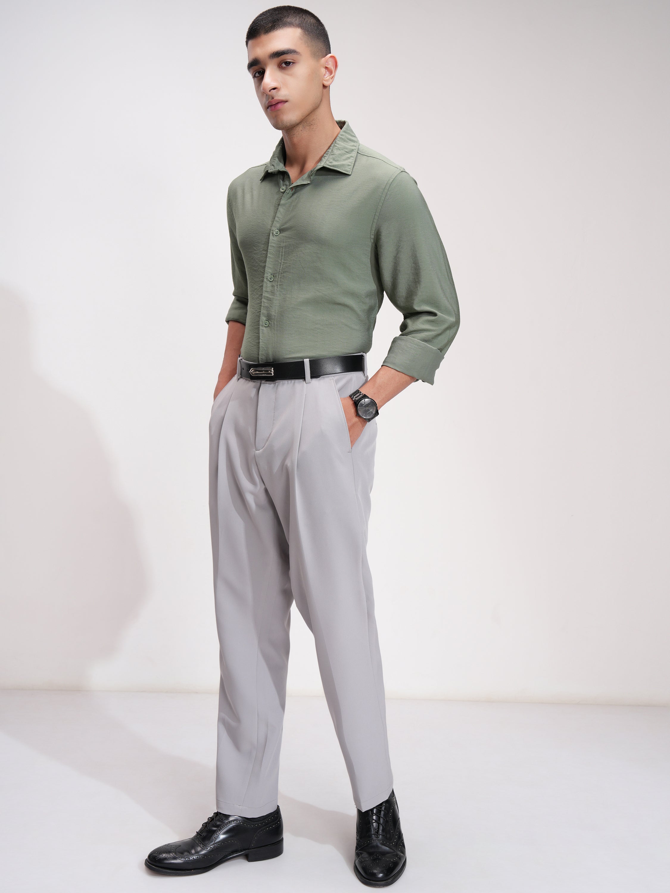 Highlander Men Green Self Design Slim Fit Casual Shirt - Green - Image 2