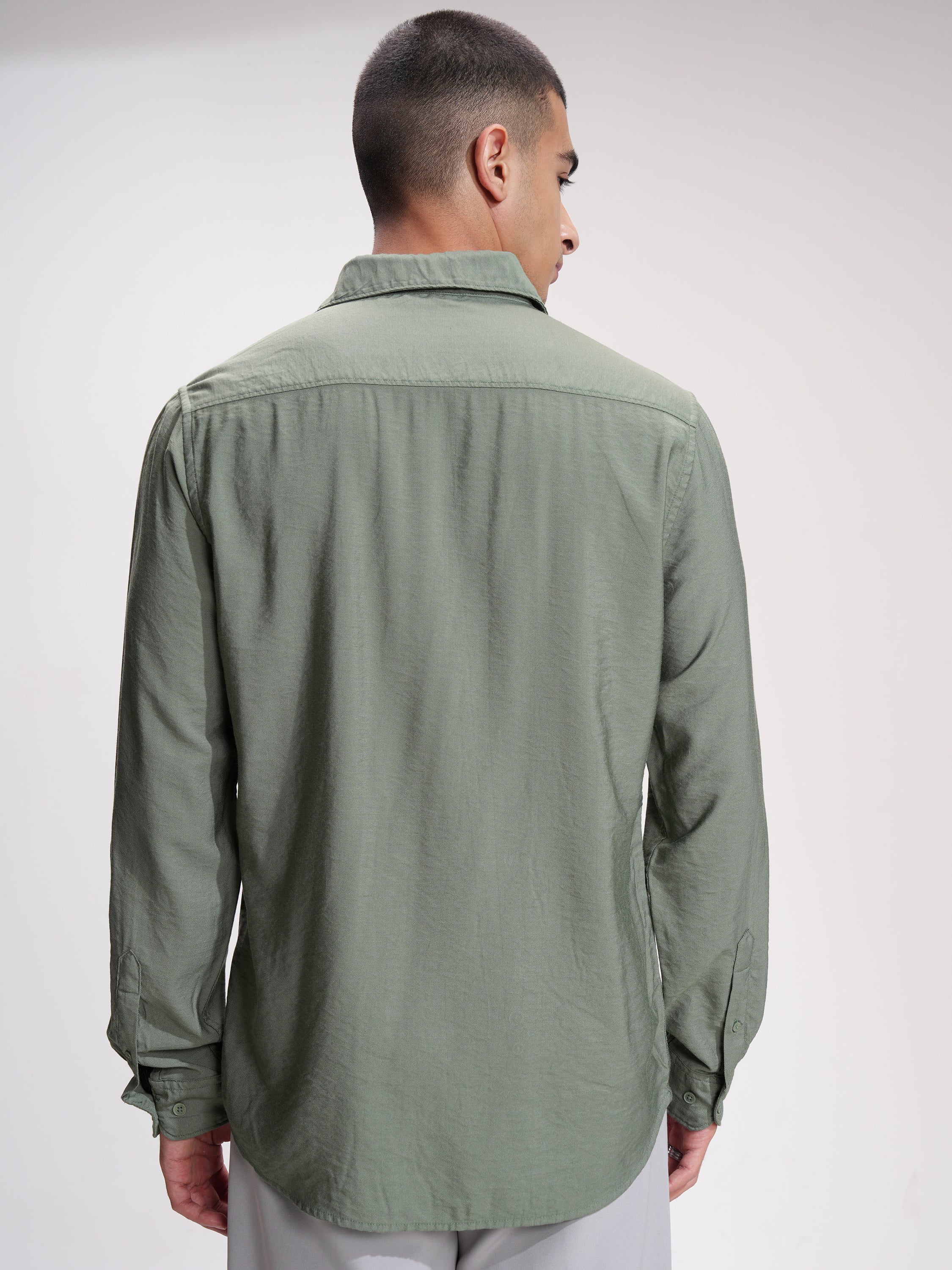 Highlander Men Green Self Design Slim Fit Casual Shirt - Green - Image 3