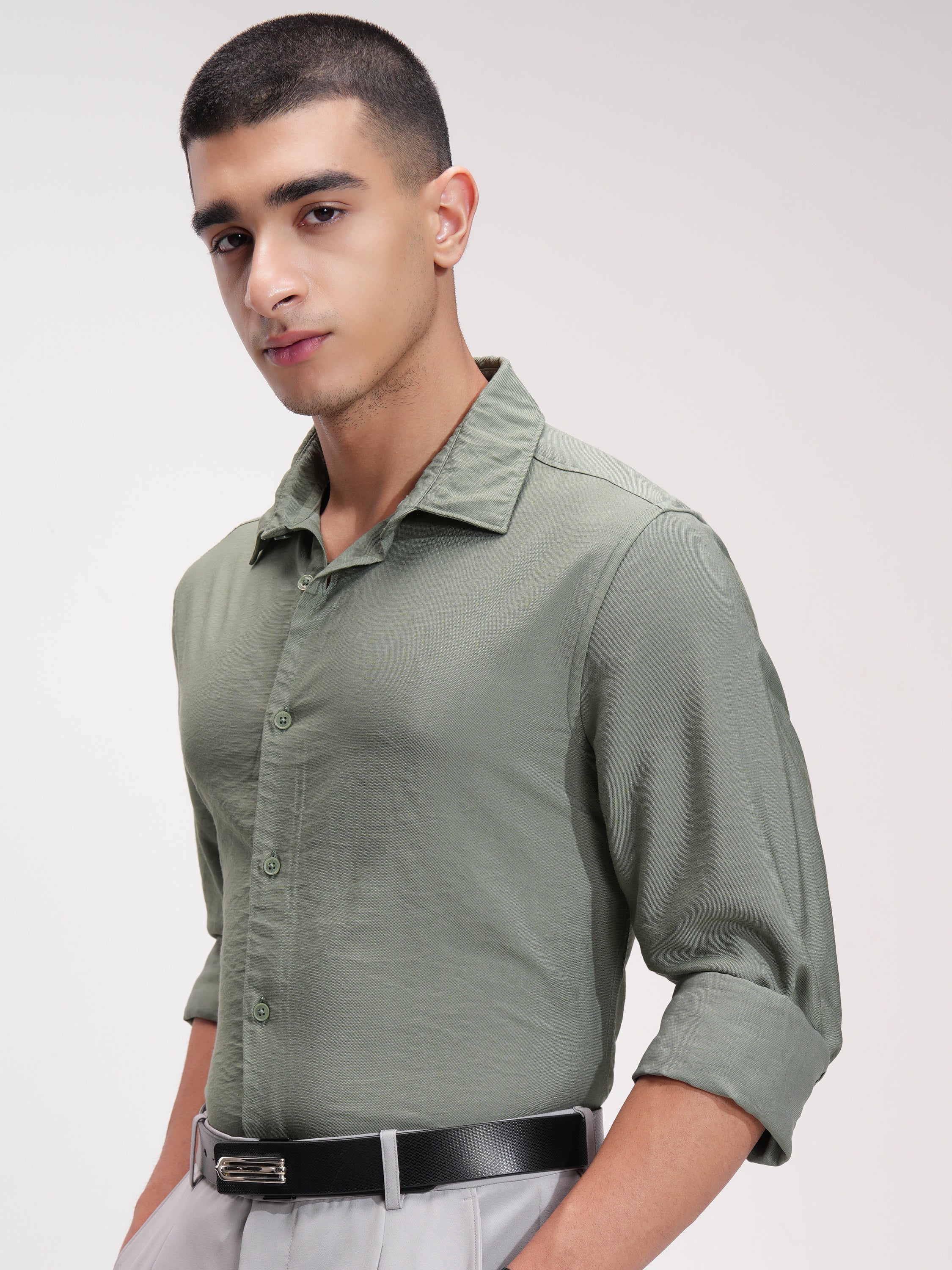 Highlander Men Green Self Design Slim Fit Casual Shirt - Green - Image 4