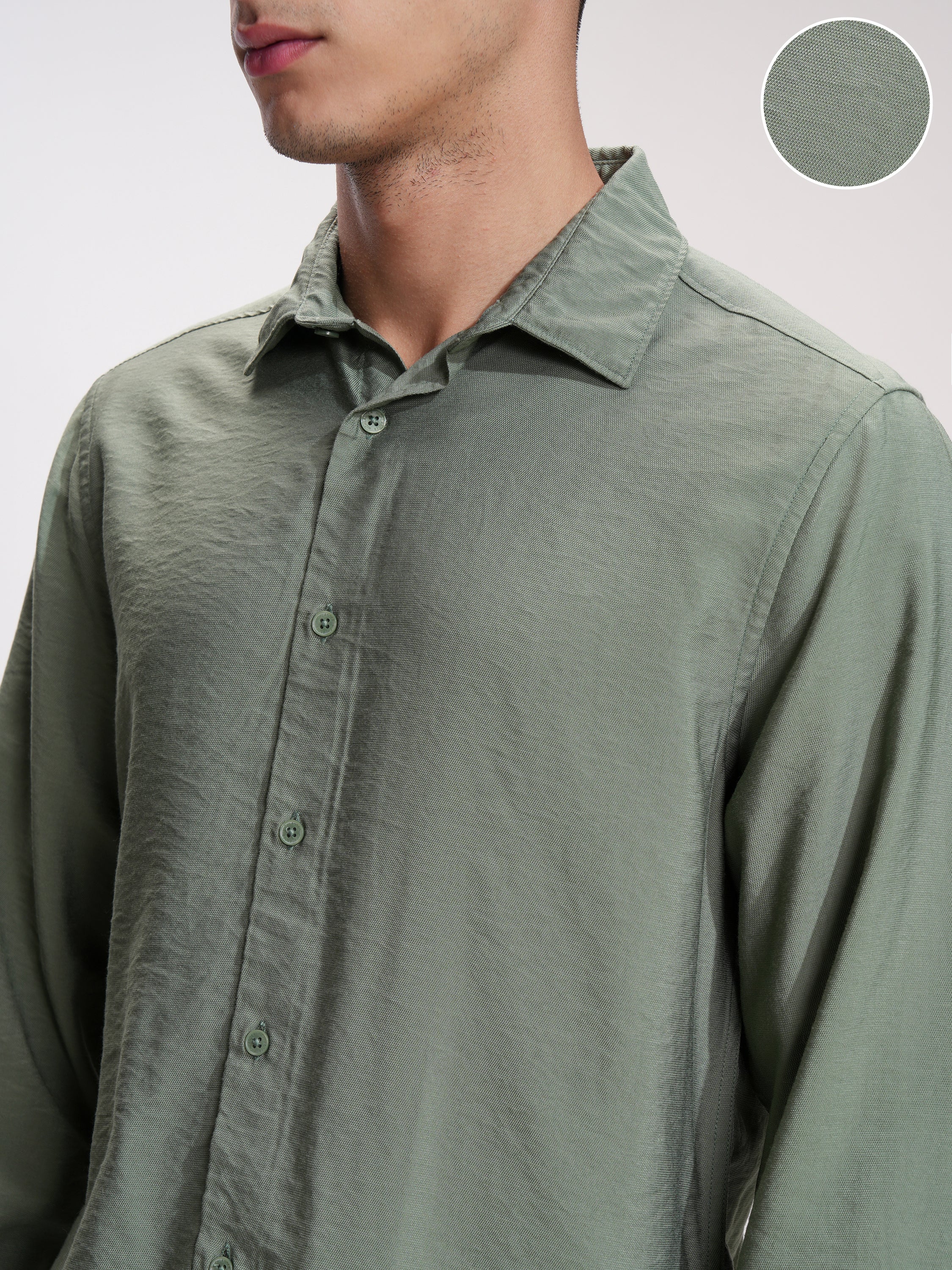 Highlander Men Green Self Design Slim Fit Casual Shirt - Green - Image 5