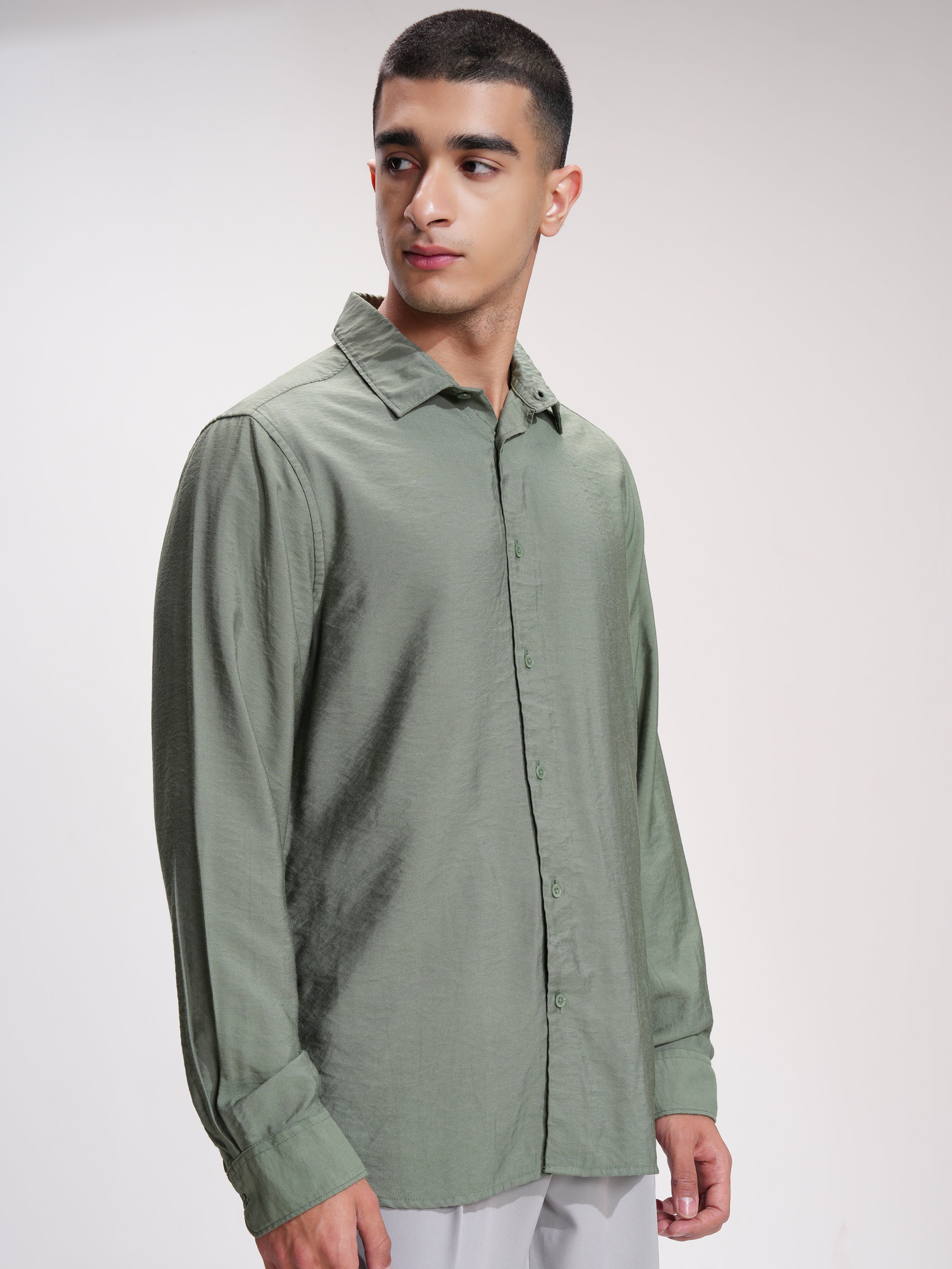 Highlander Men Green Self Design Slim Fit Casual Shirt - Green - Image 6
